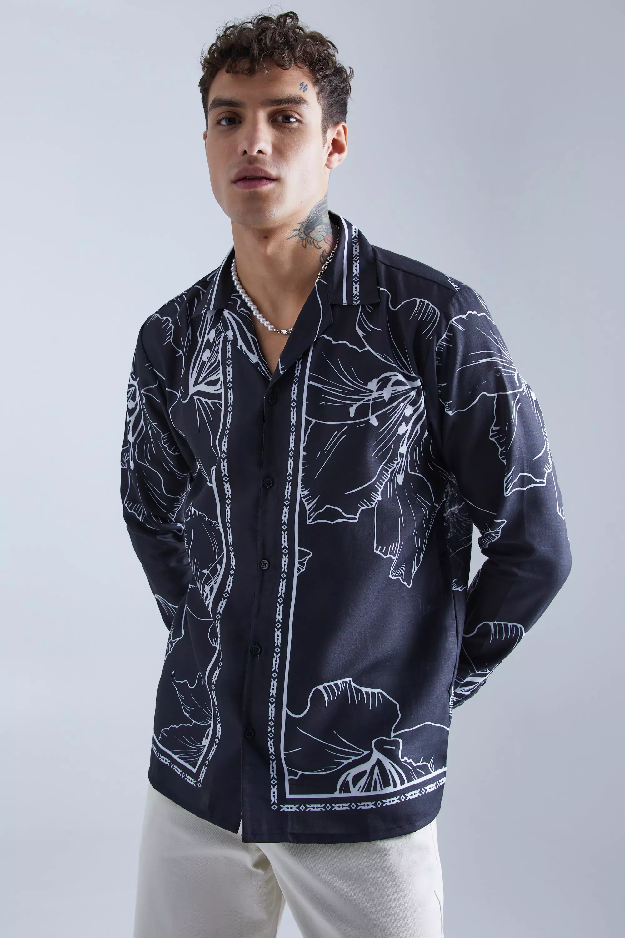 Long Sleeve Border Line Floral Shirt | boohooMAN USA