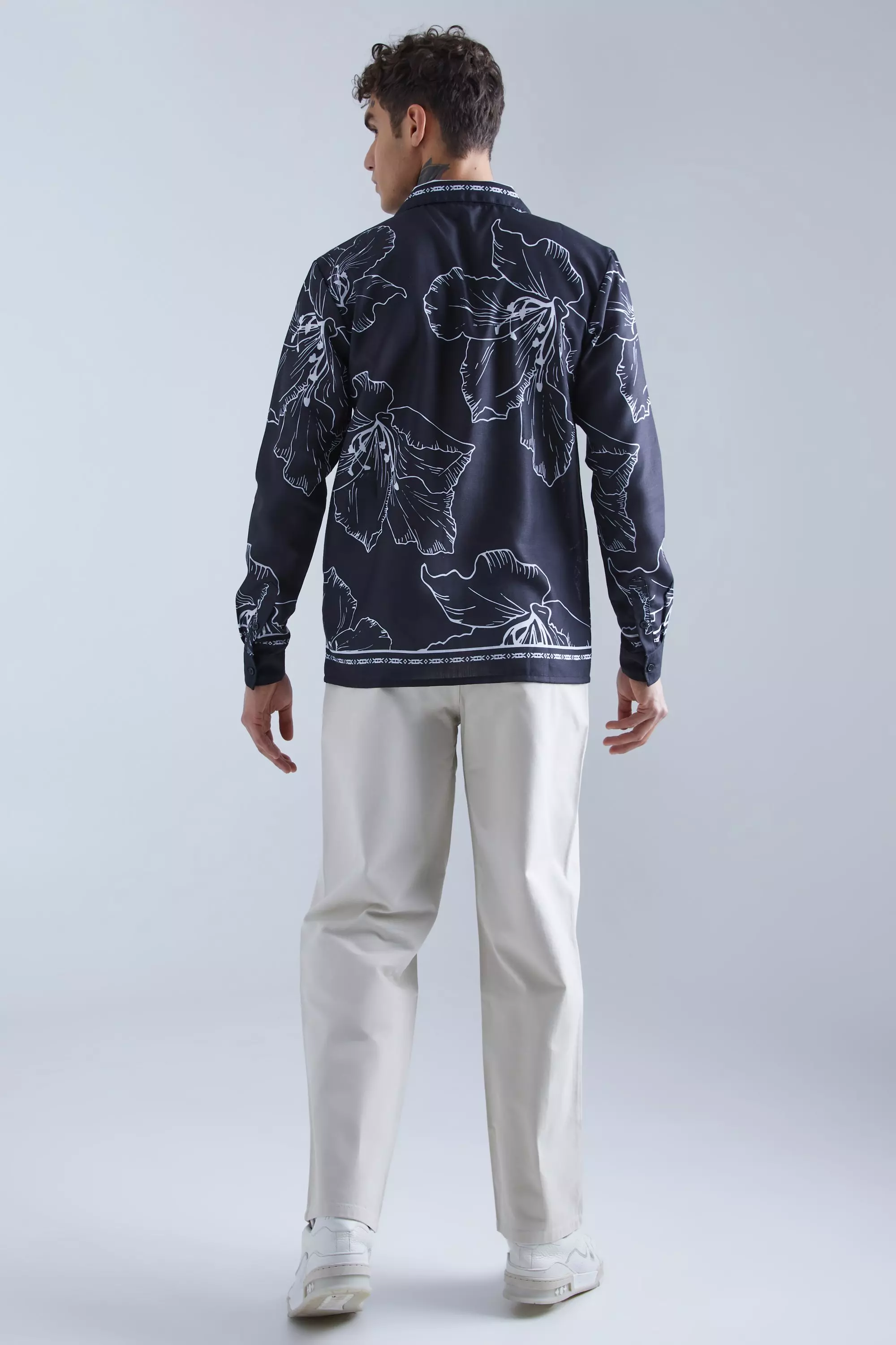 Long Sleeve Border Line Floral Shirt | boohooMAN USA