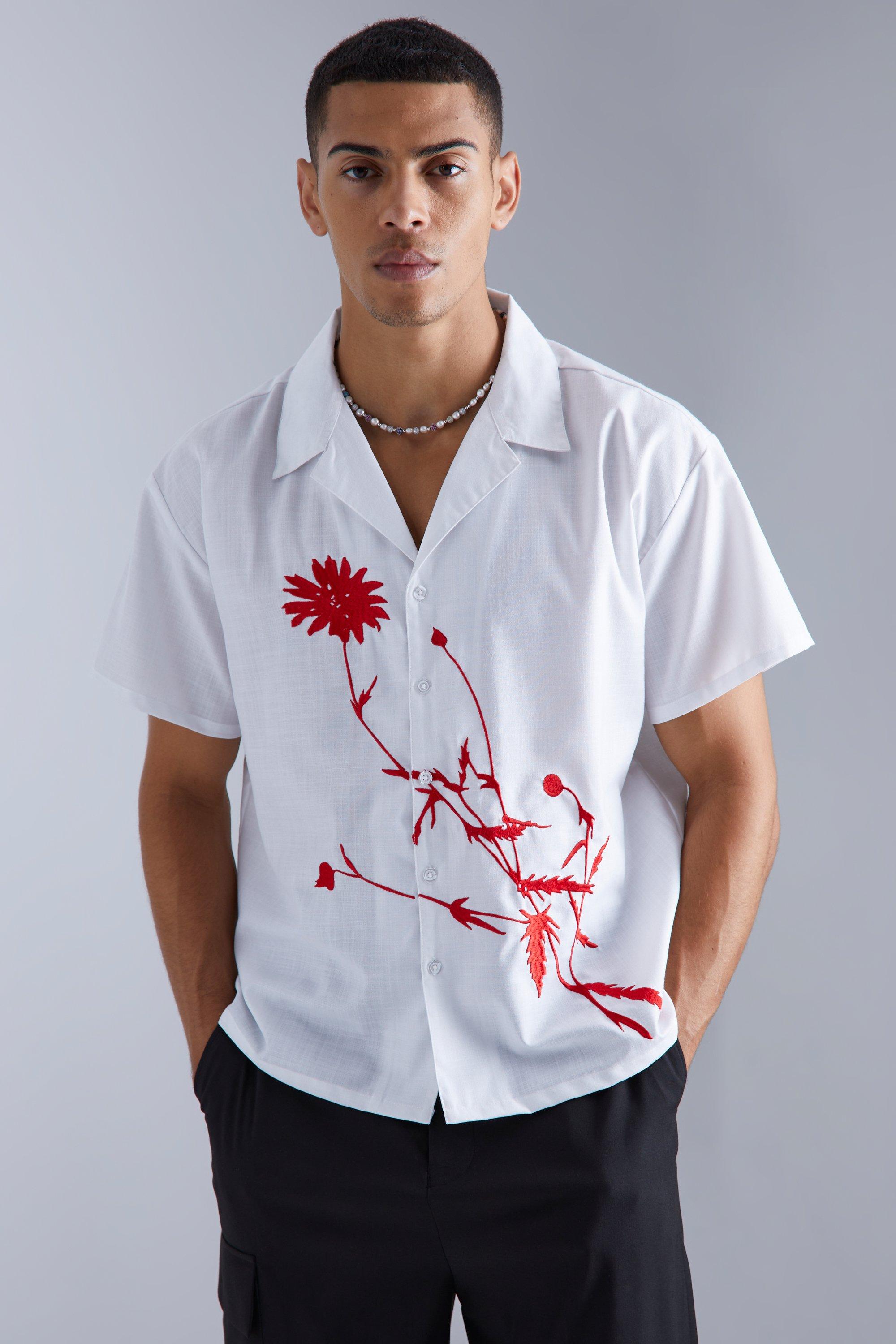 Mens Cream Short Sleeve Floral Embroidered Boxy Shirt, Cream