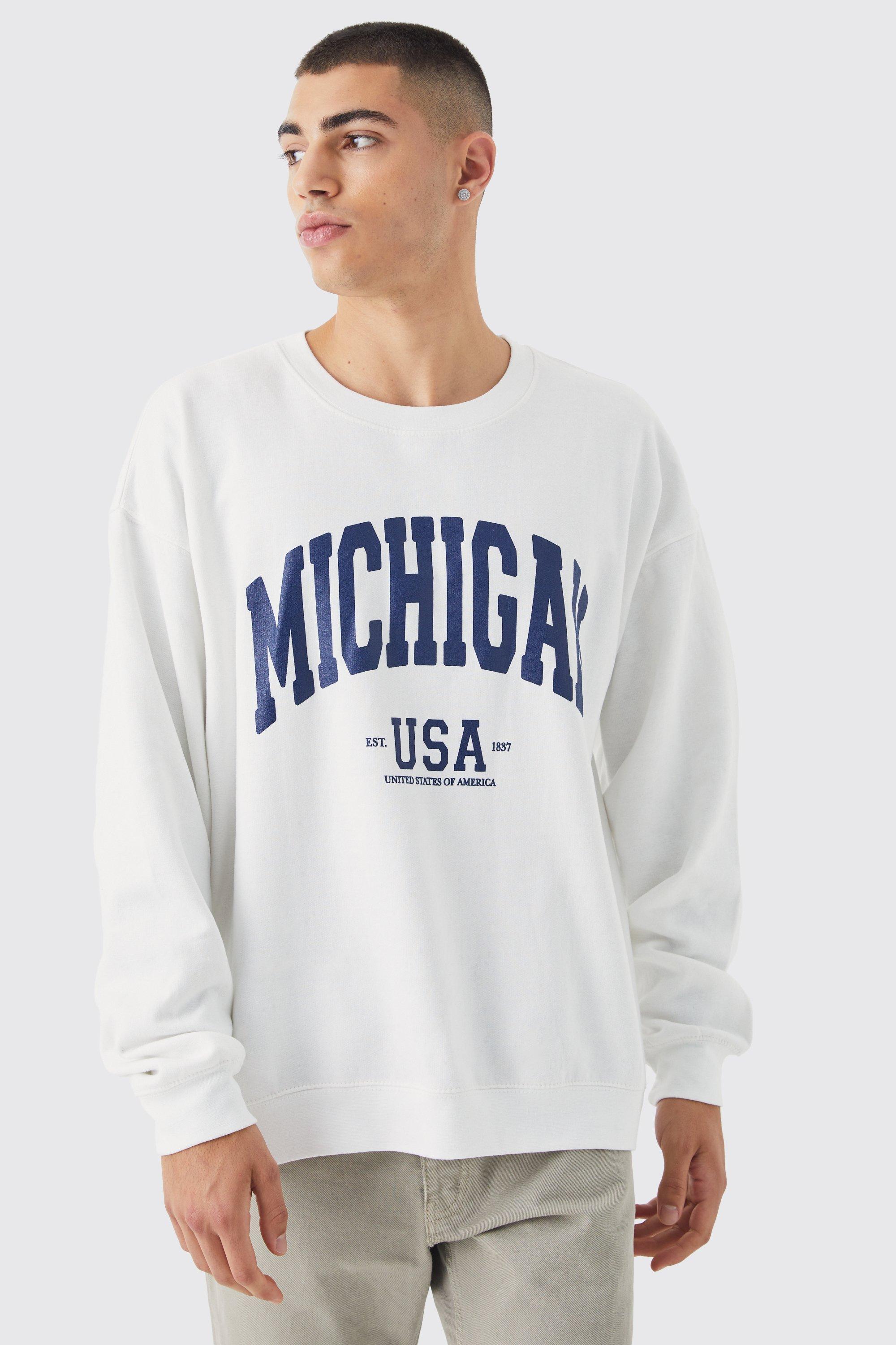 Mens White Oversized Michigan Graphic Sweatshirt, White