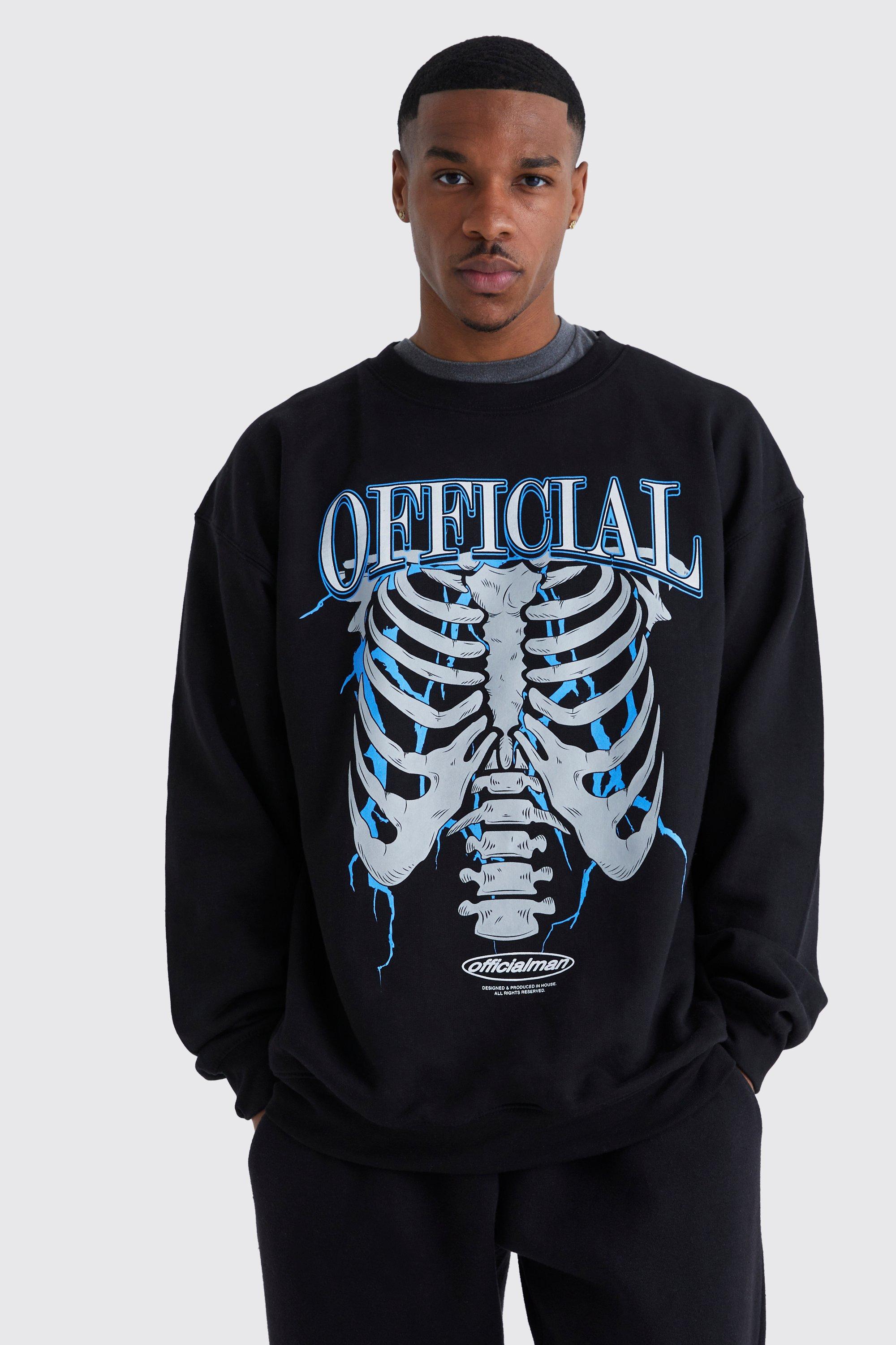 Mens Black Oversized Skeleton Graphic Sweatshirt, Black