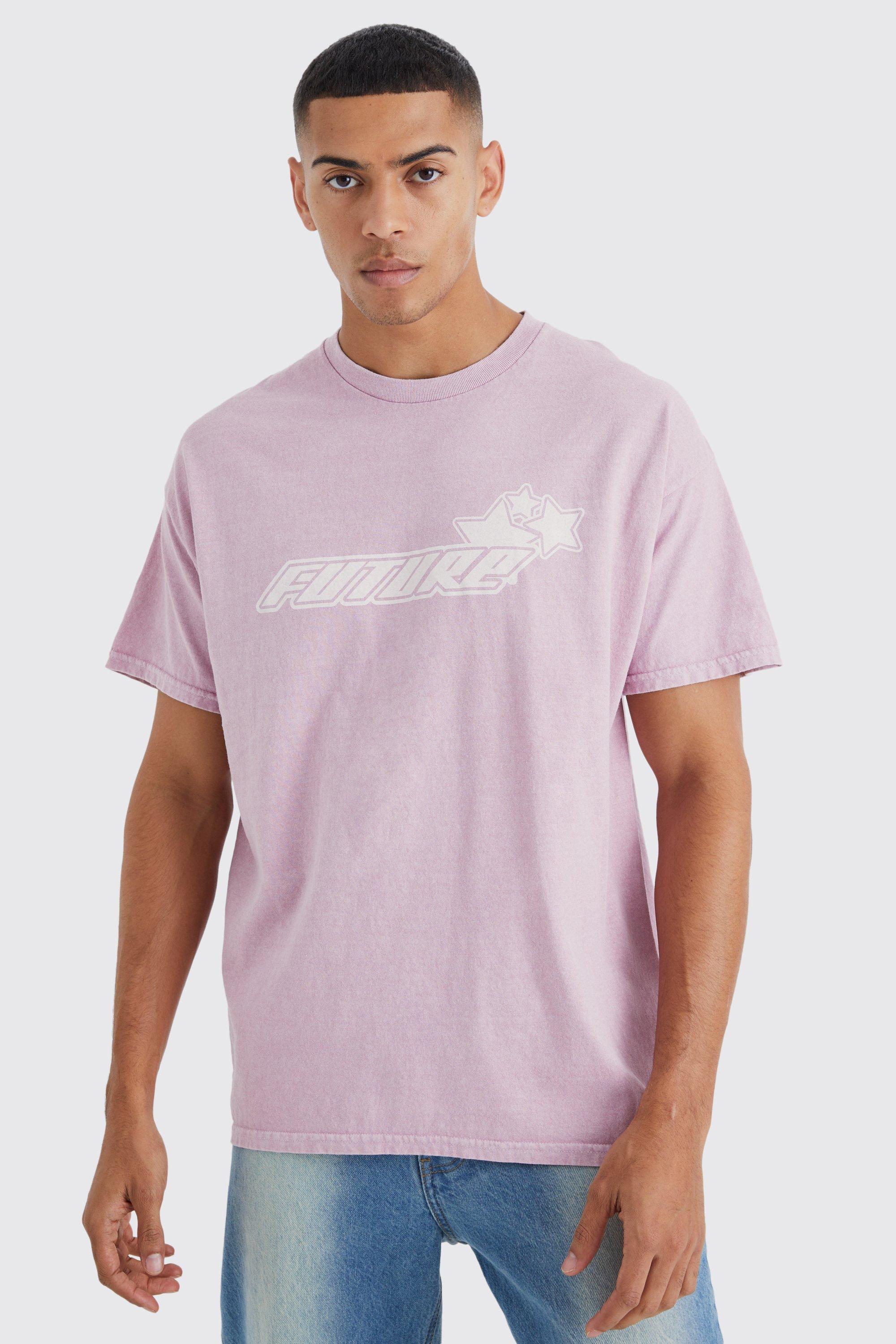 Mens Pink Oversized Future Wash Graphic T-shirt, Pink