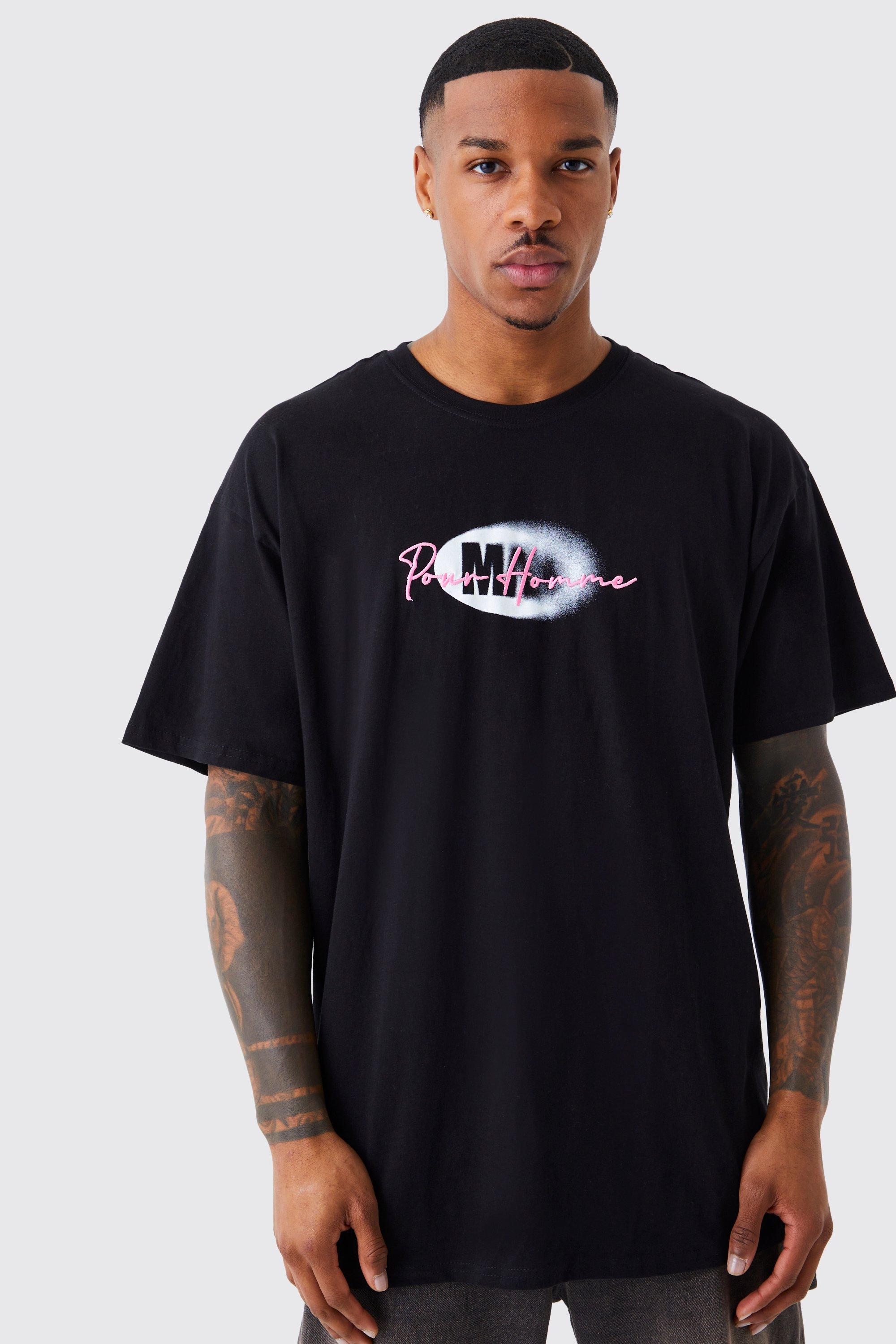 men's oversized pour homme embroidery t-shirt - black - s, black