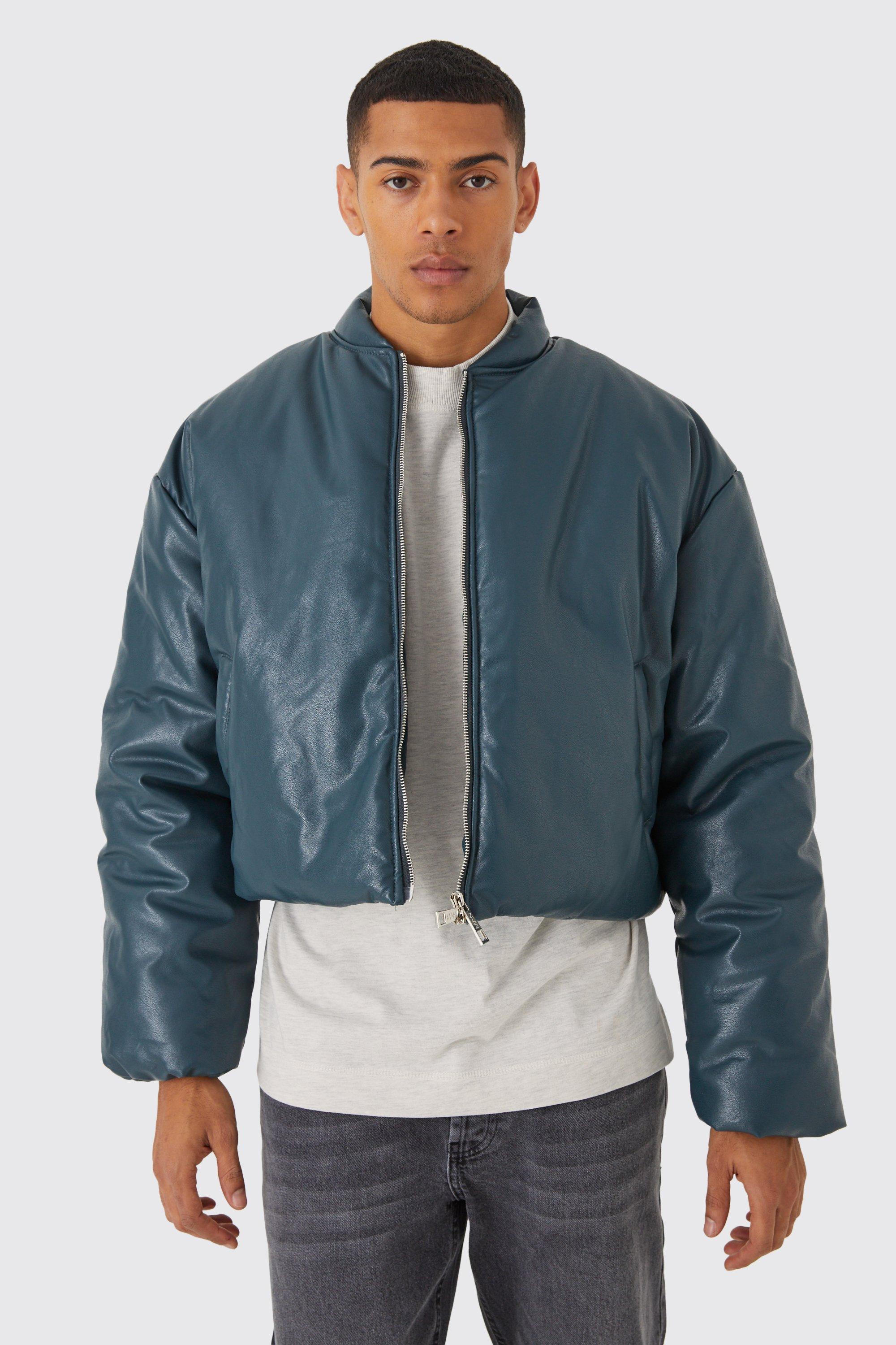 Mens Green Boxy Pu Volume Padded Puffer Bomber, Green