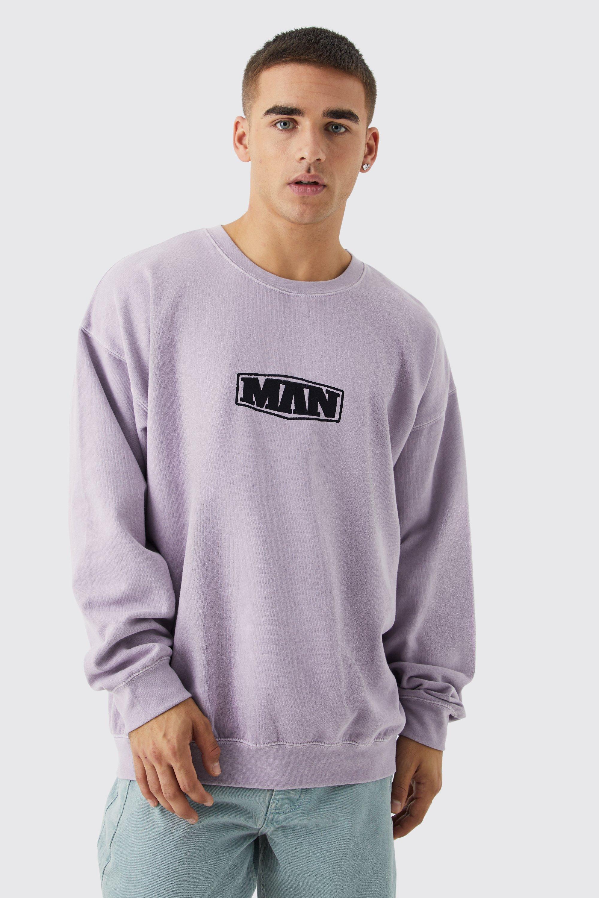 Mens Pink Oversized Acid Wash Man Embroidered Sweatshirt, Pink
