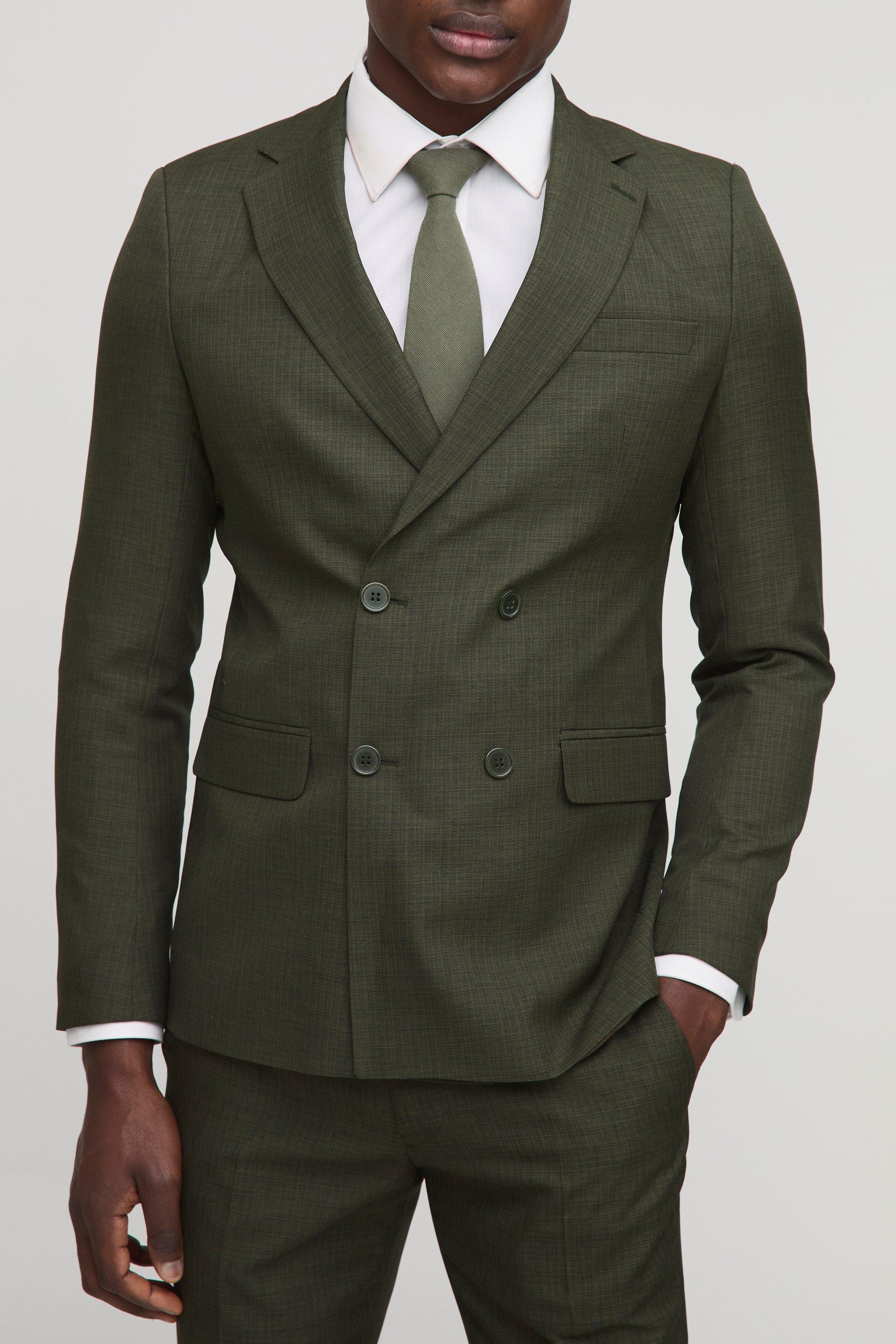 Mens Green Skinny Fit Double Breasted Micro Texture Blazer, Green