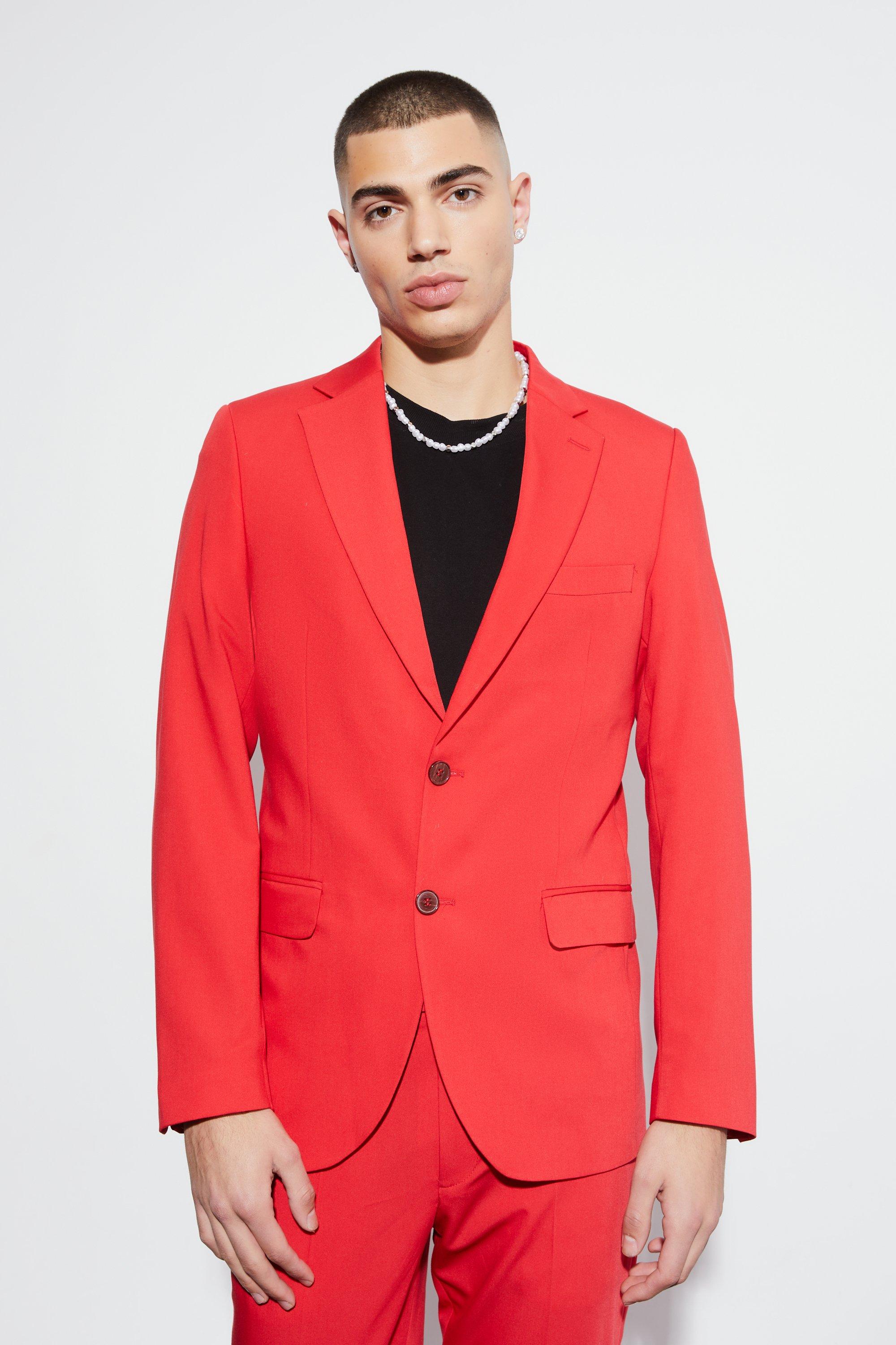 Mens Red Skinny Fit Single Breasted Blazer, Red