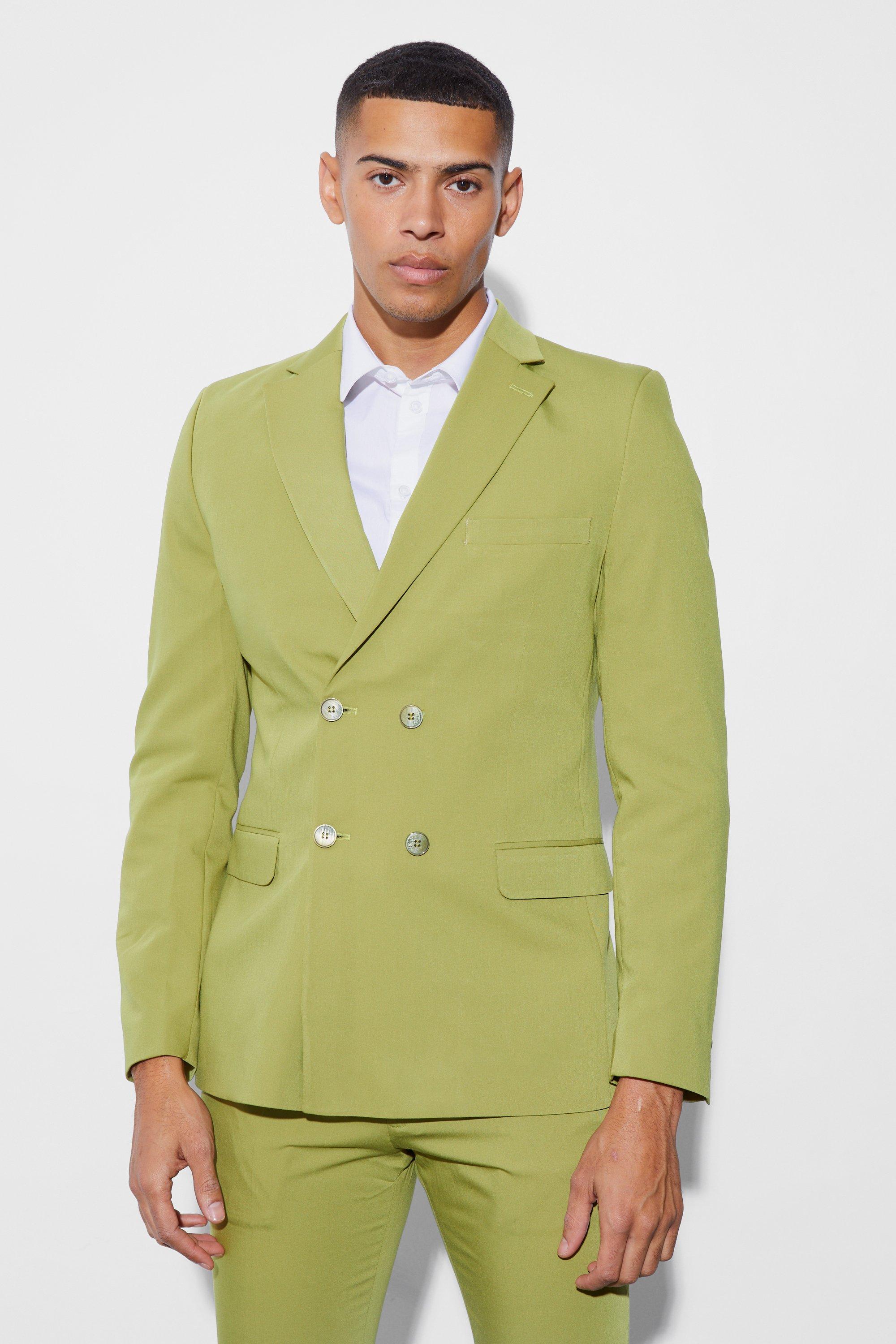 Mens Green Skinny Fit Double Breasted Blazer, Green