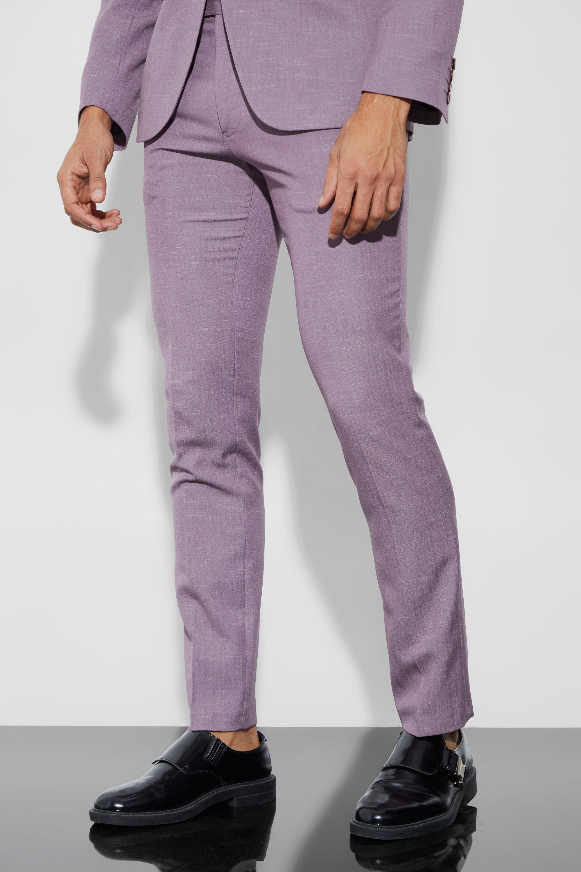 Mens Purple Skinny Fit Micro Texture Suit Trousers, Purple