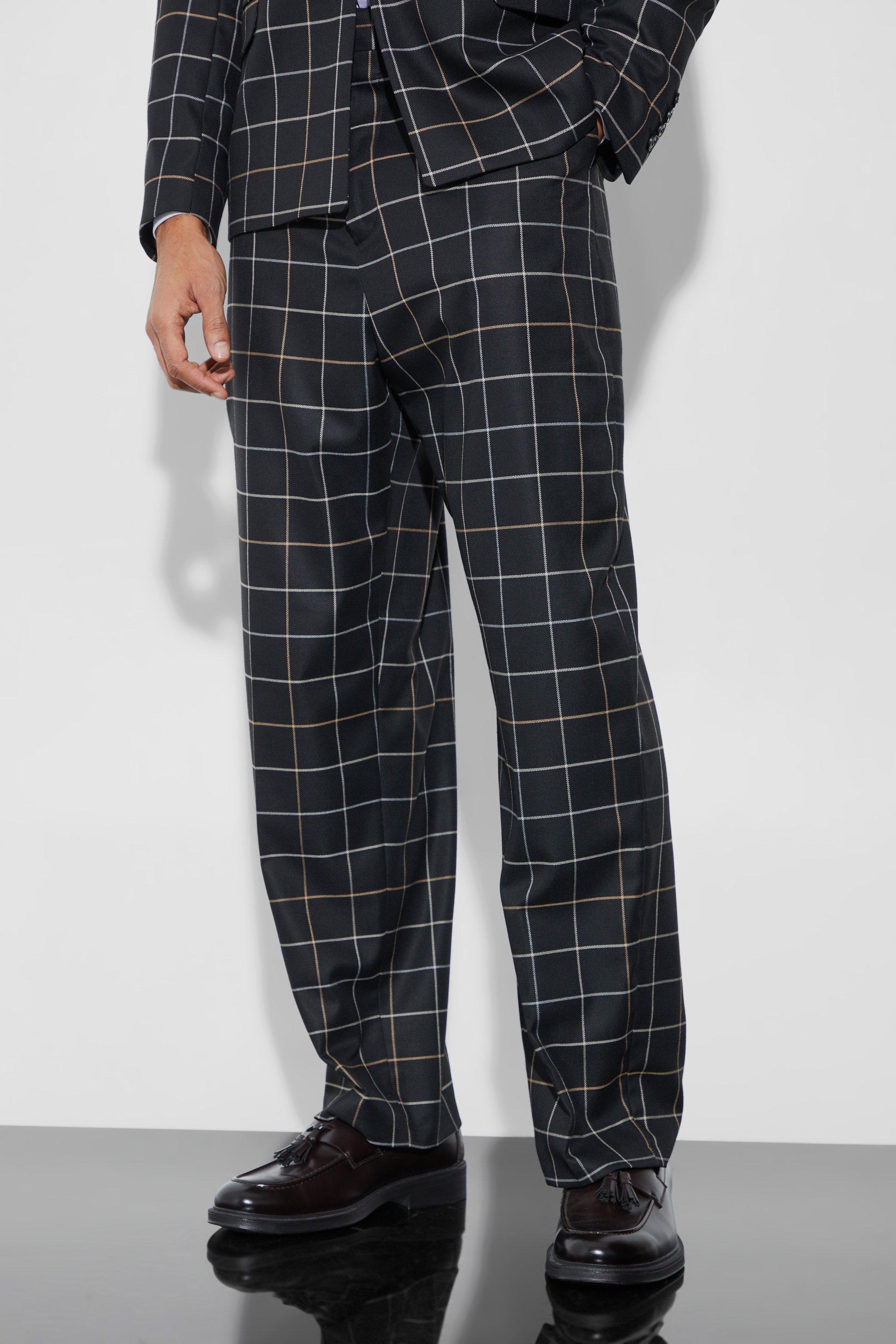 Mens Black Relaxed Fit Windowpane Check Suit Trousers, Black