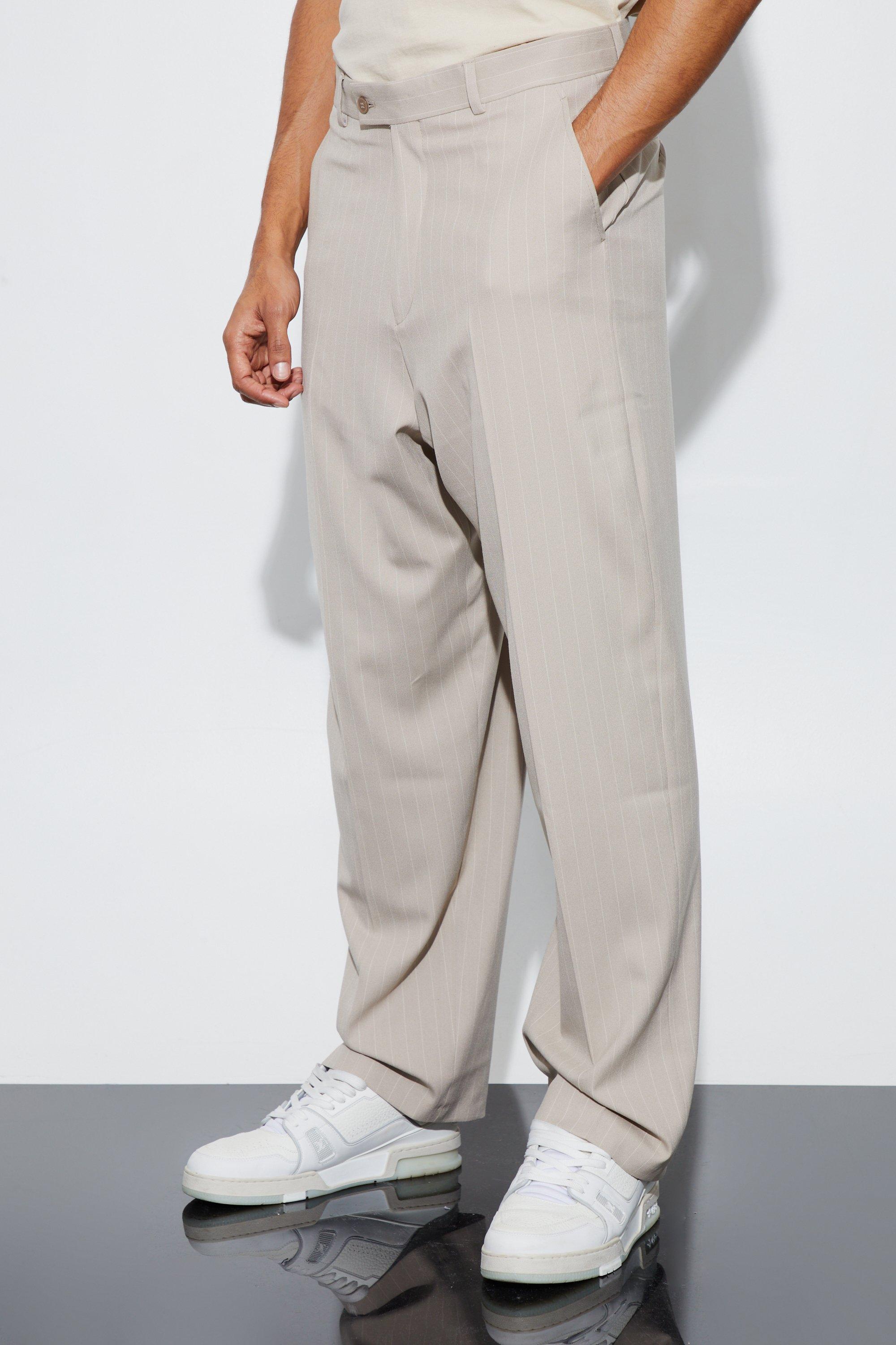Mens Beige Relaxed Fit Pinstripe Suit Trousers, Beige