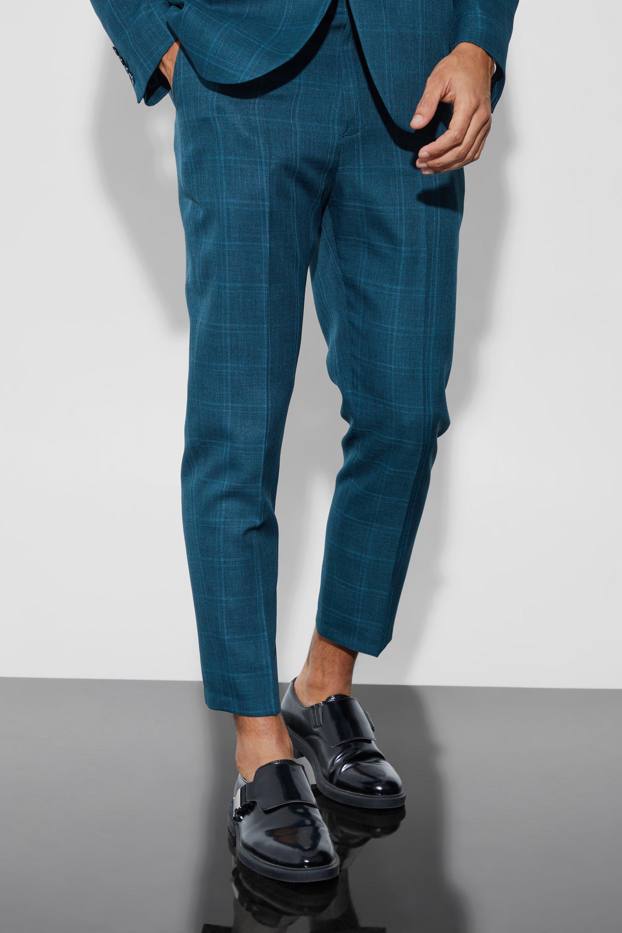 Mens Navy High Rise Tapered Check Fabric Interest Trousers, Navy