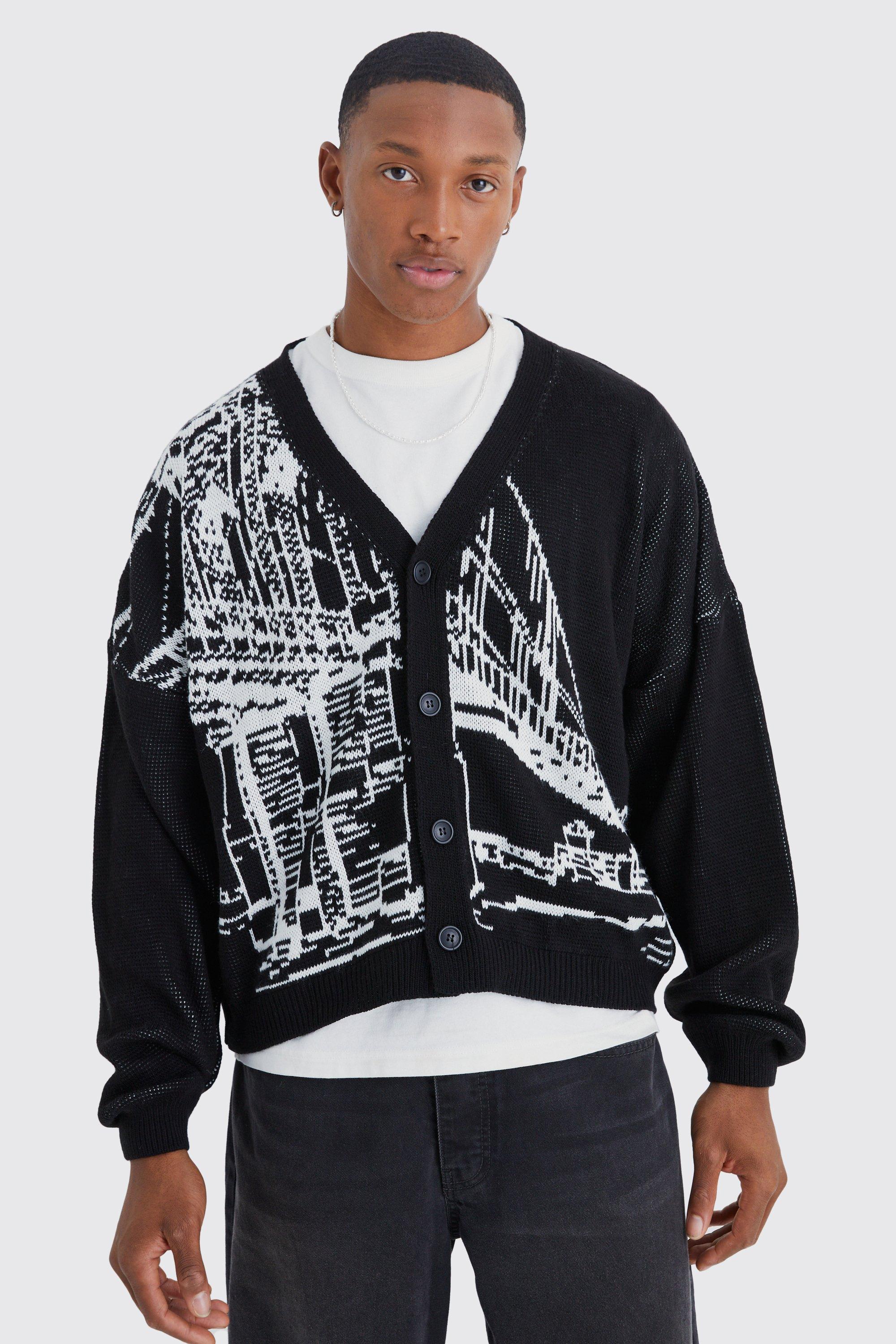 Mens Black Boxy Oversized Line Graphic Cardigan, Black