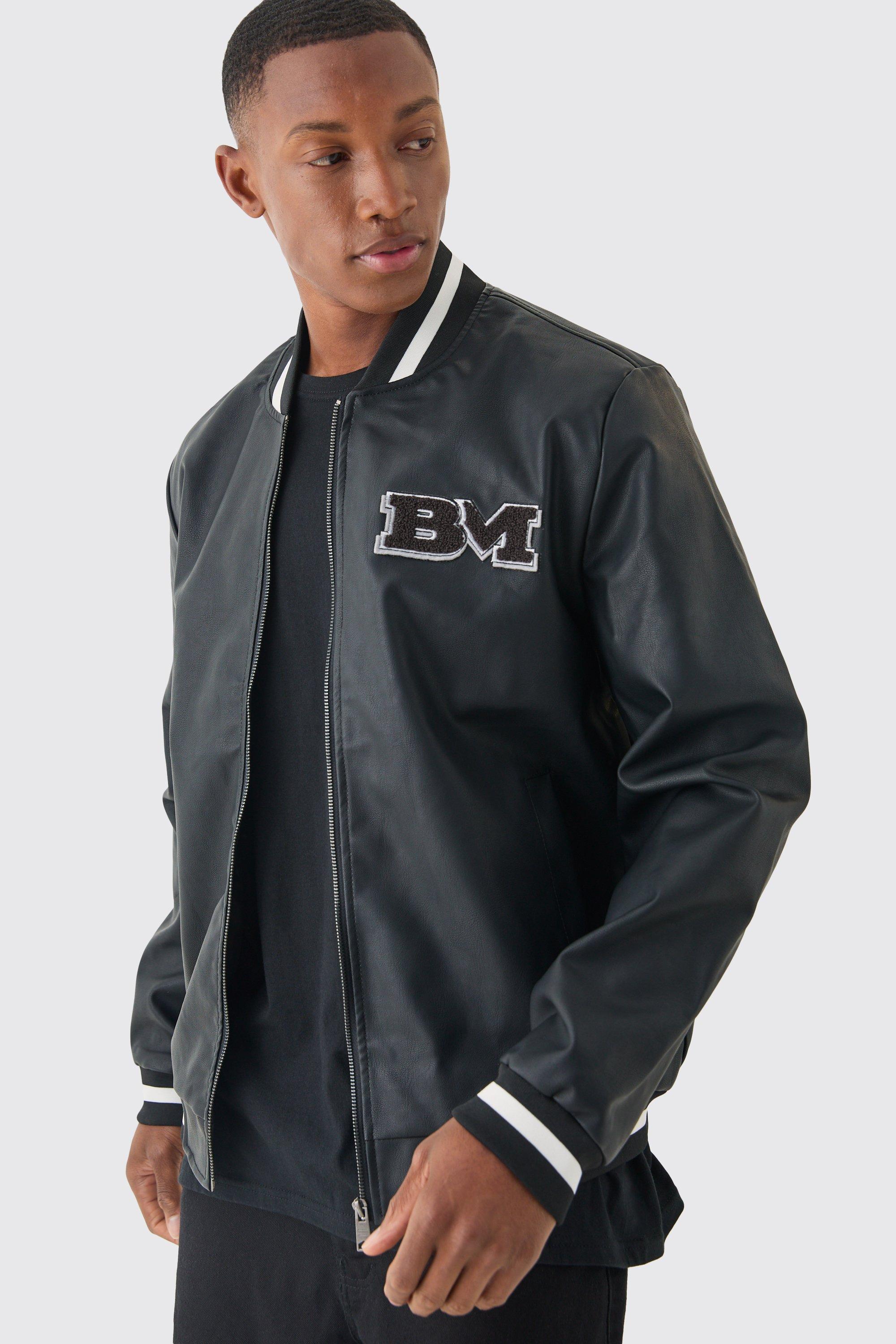 Mens Black Pu Badge Varsity Jacket, Black