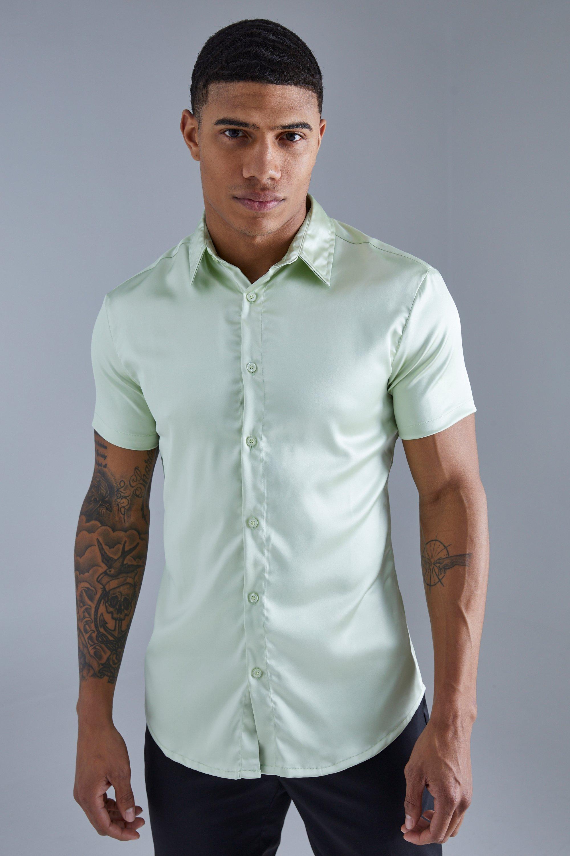 Mens Green Short Sleeve Muscle Satin Shirt, Green