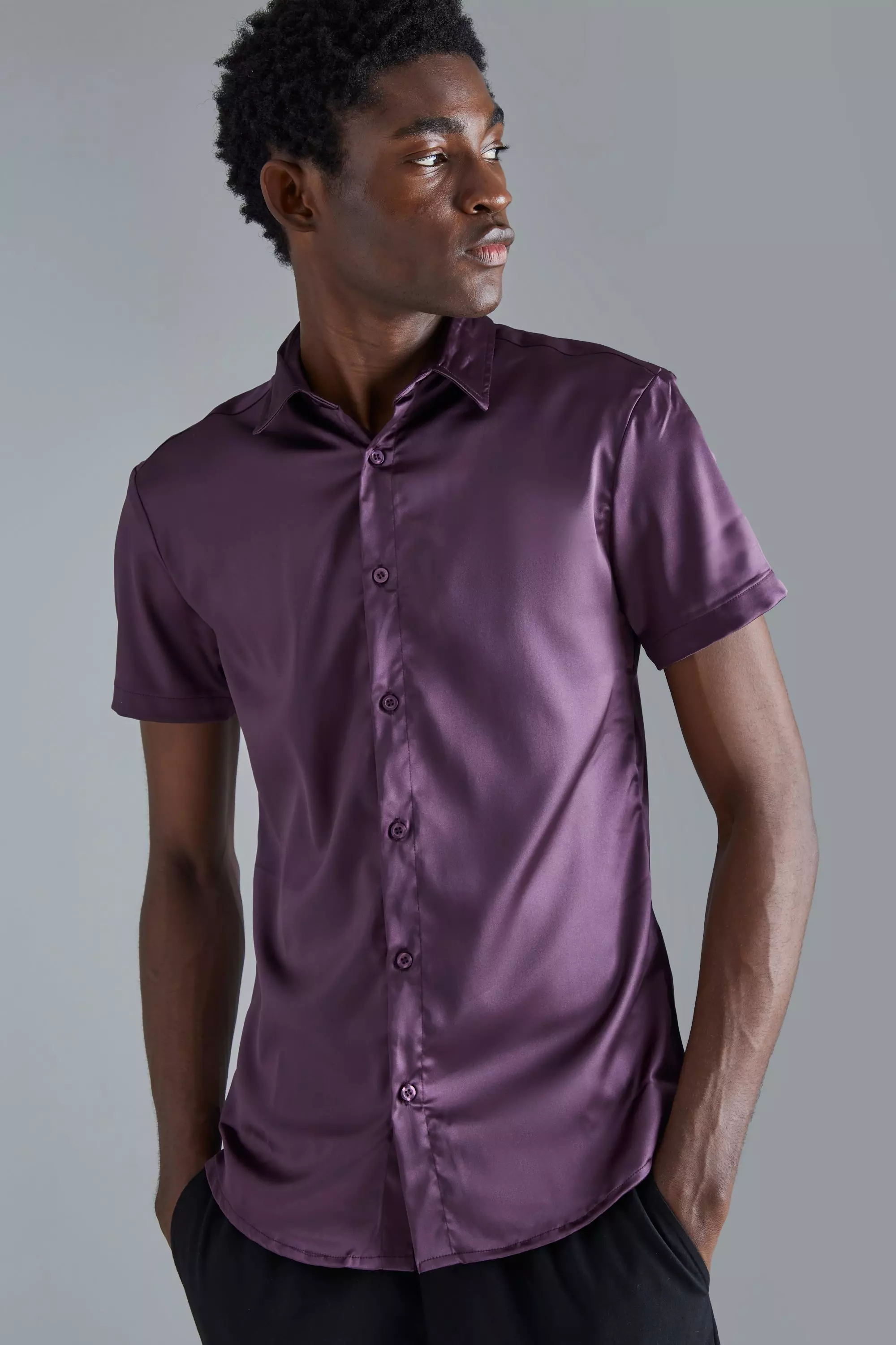 Mens satin shirt short on sale sleeve