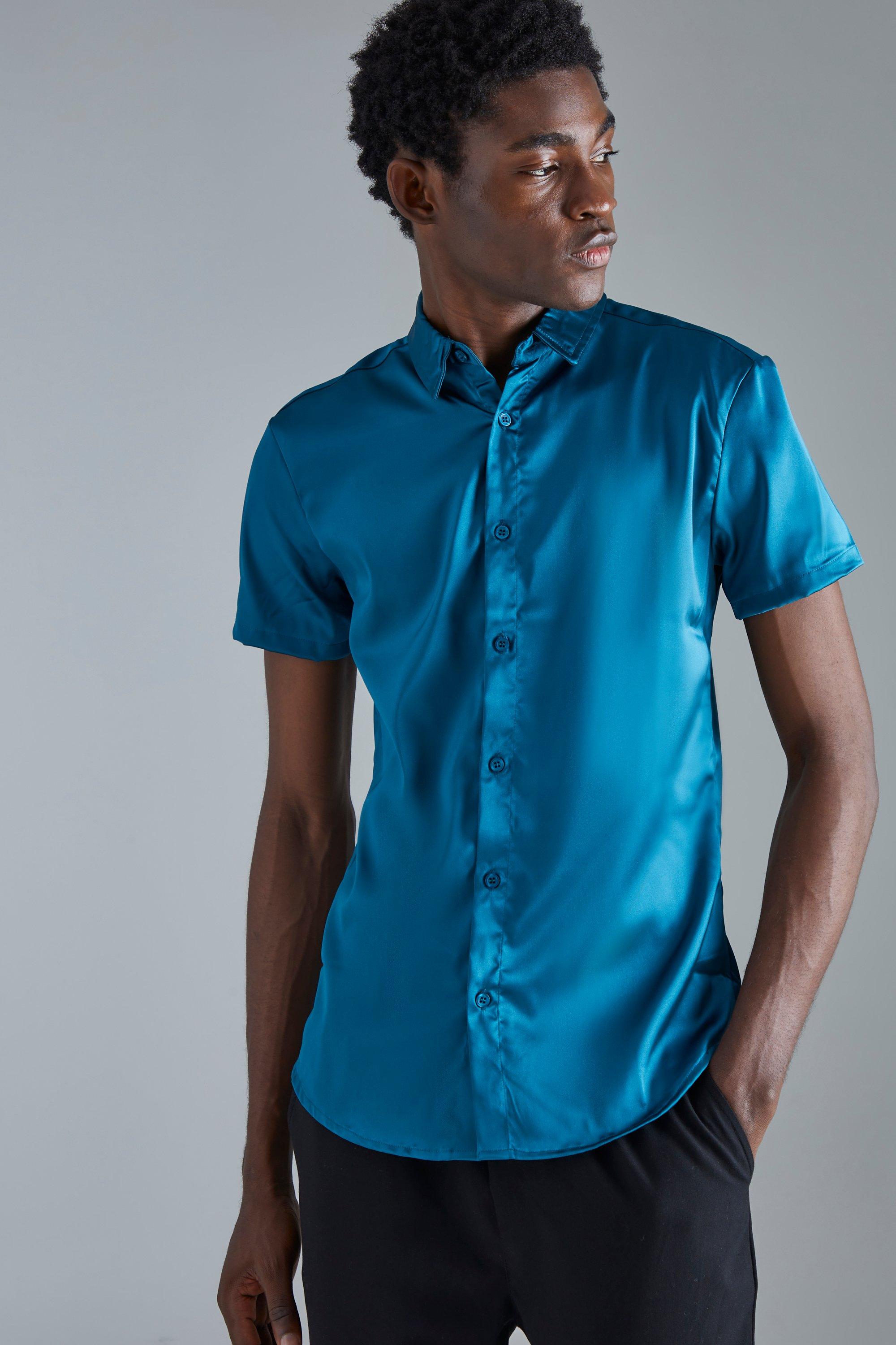 Mens Green Short Sleeve Muscle Satin Shirt, Green
