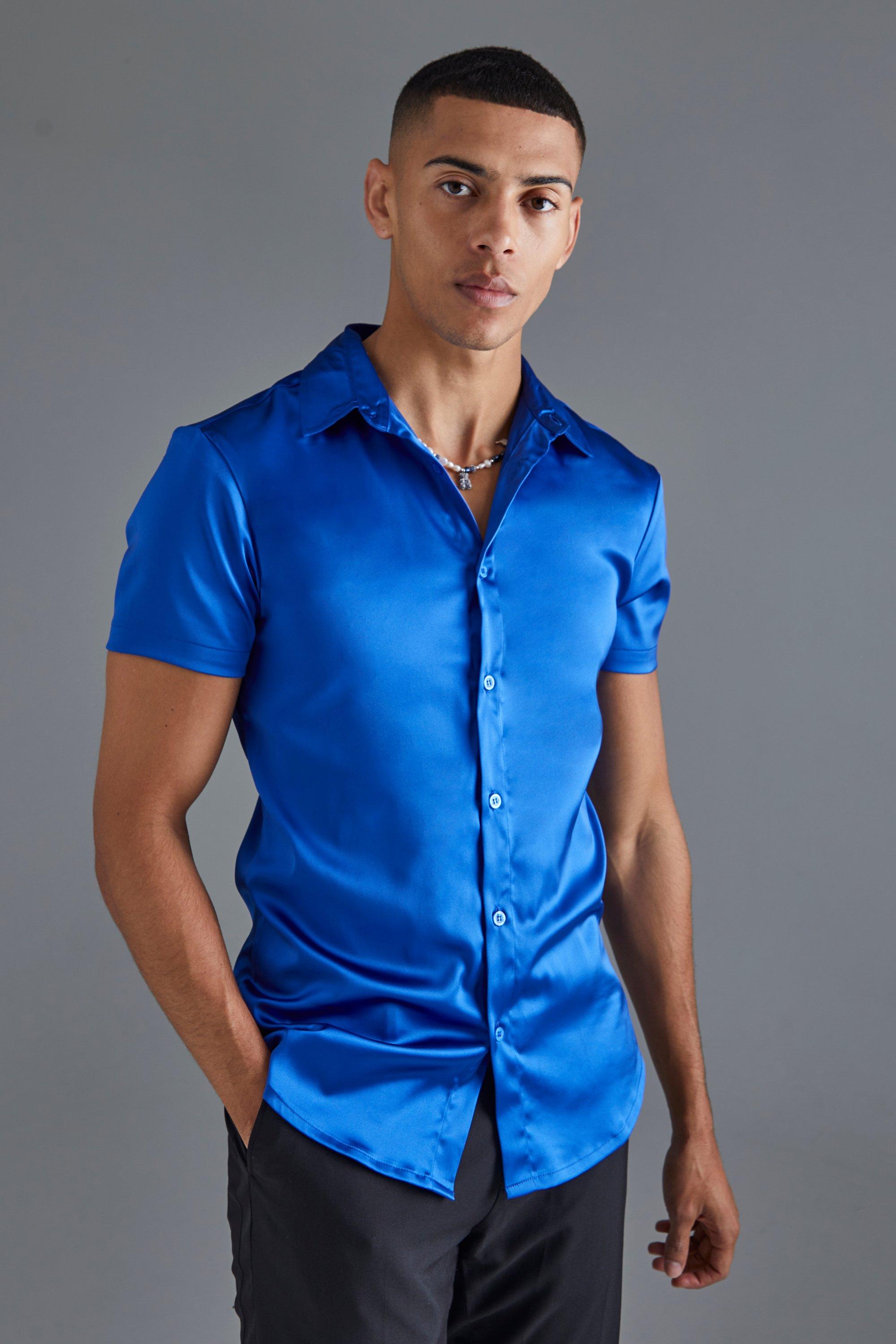 Mens Blue Short Sleeve Muscle Satin Shirt, Blue