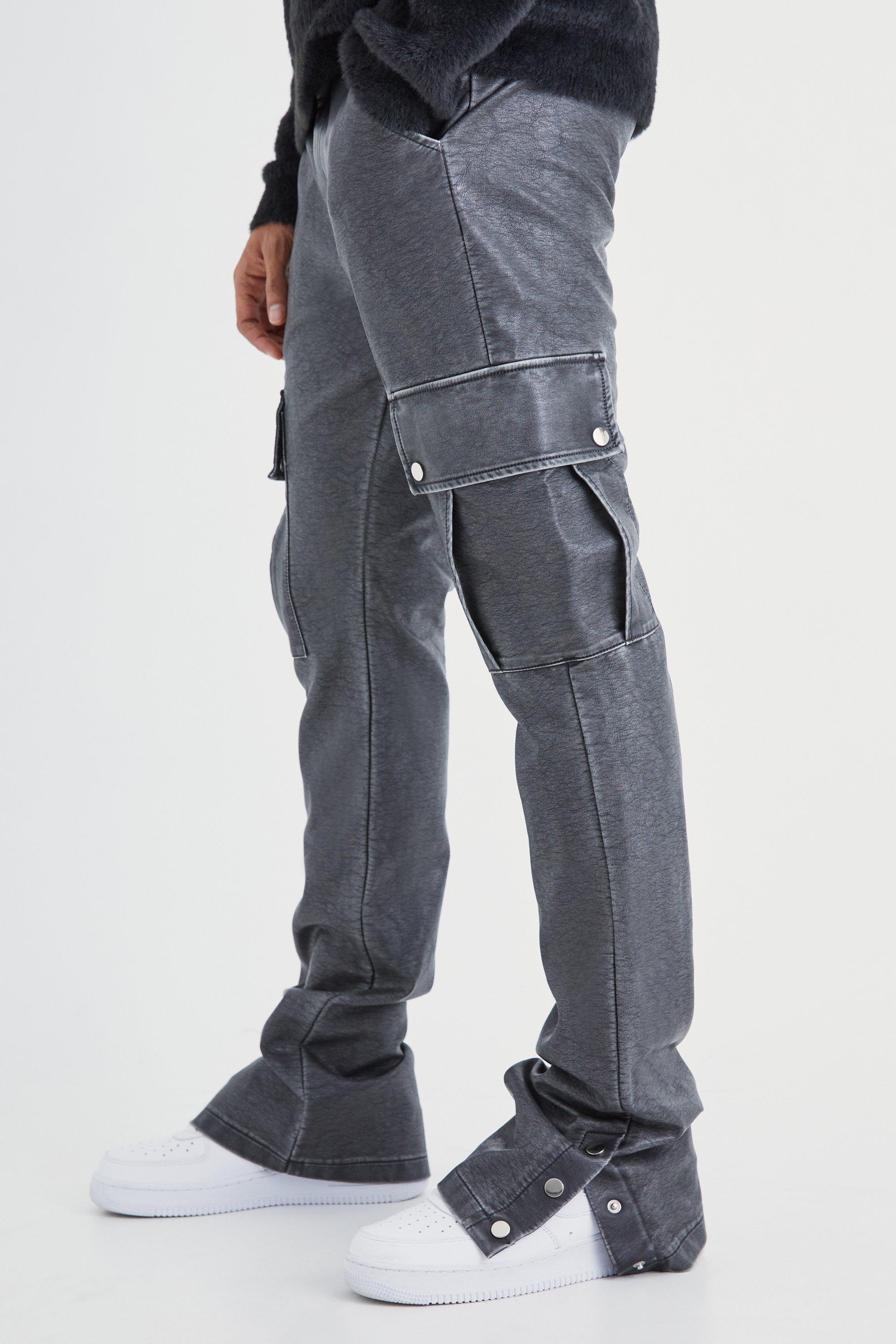 Mens Grey Slim Flare Washed Pu Cargo Popper Hem Trouser, Grey