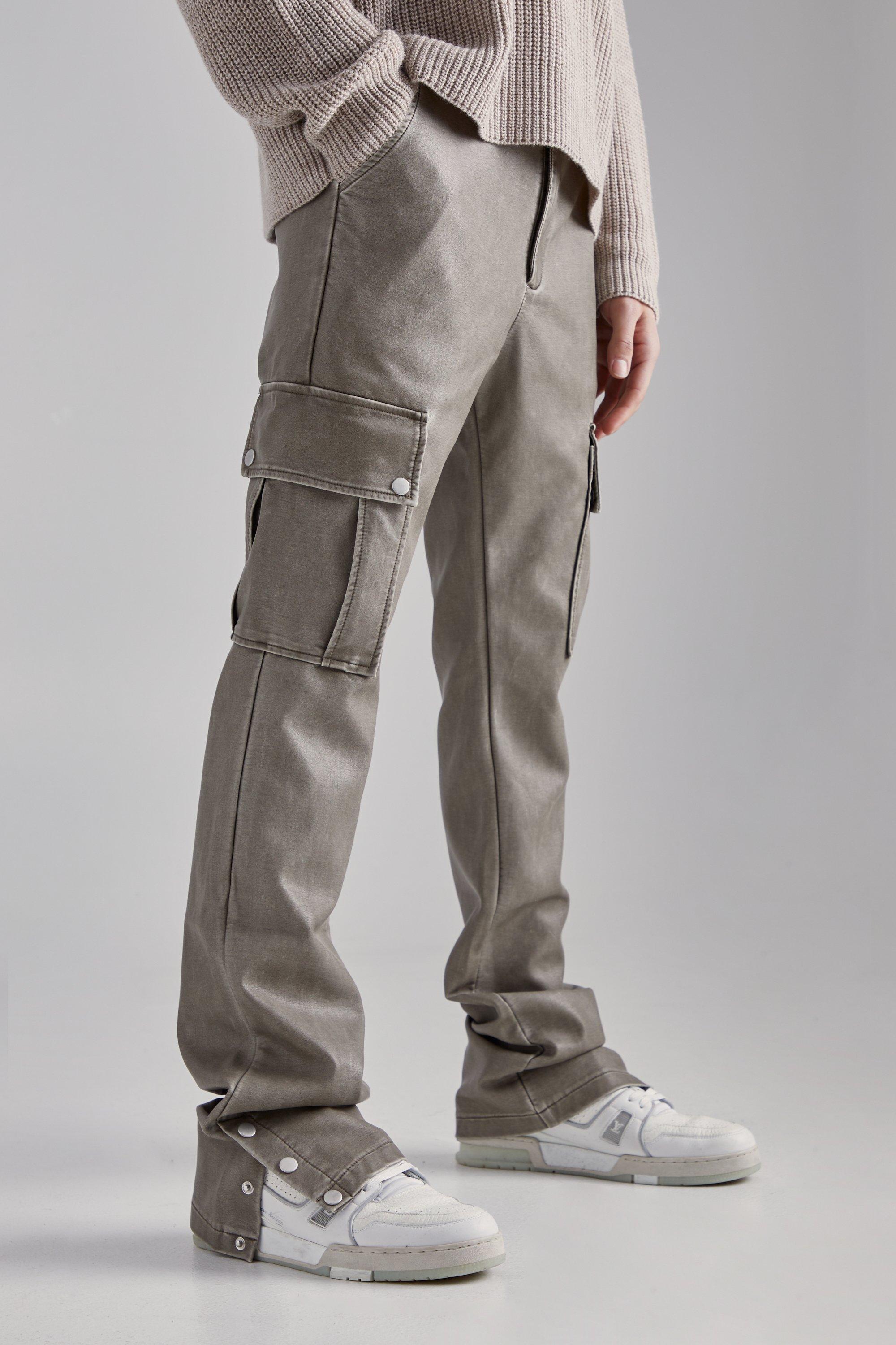 Mens Brown Slim Flare Washed Pu Cargo Trouser, Brown