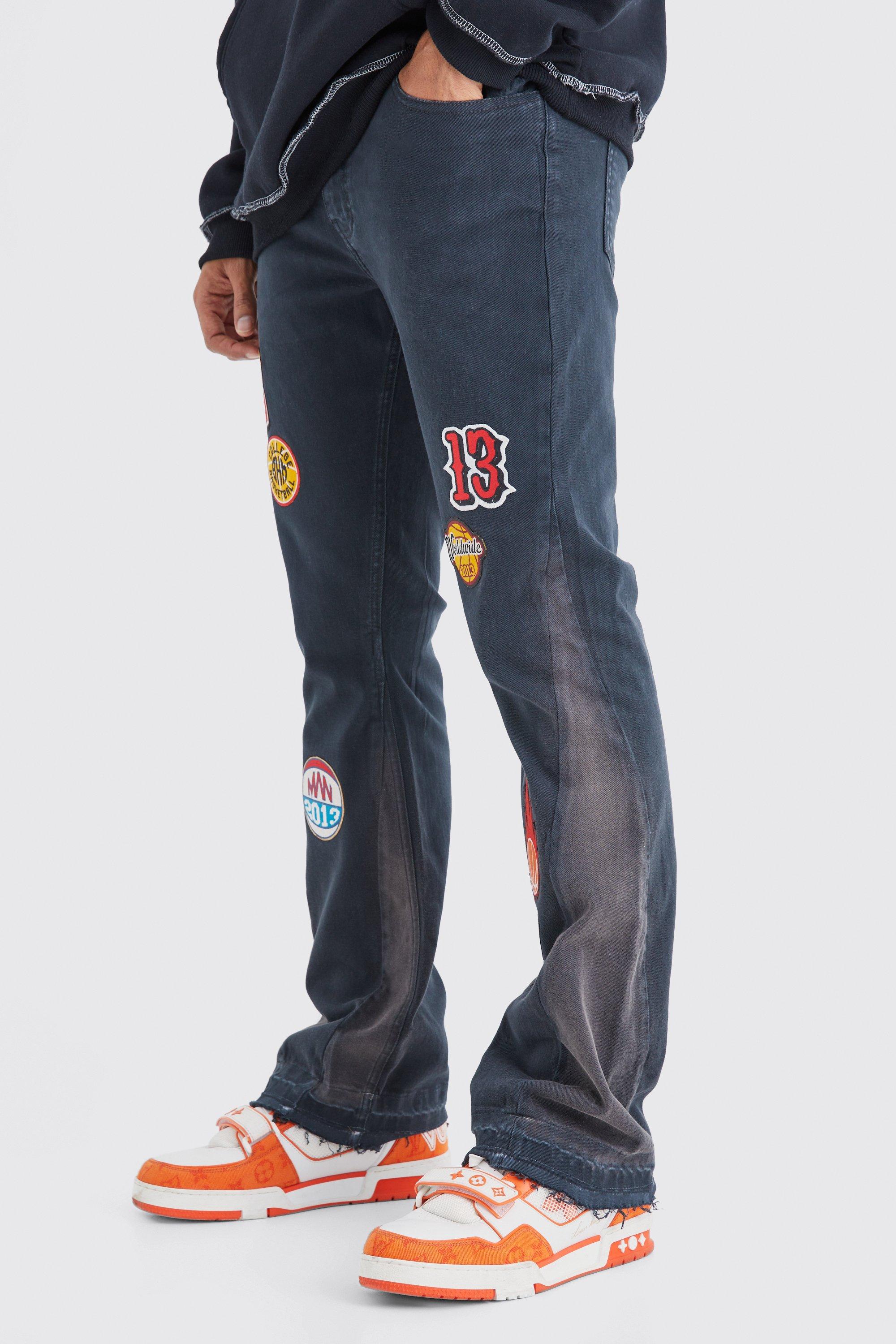 Mens Grey Straight Flare Gusset Applique Badge Cargo Trouser, Grey