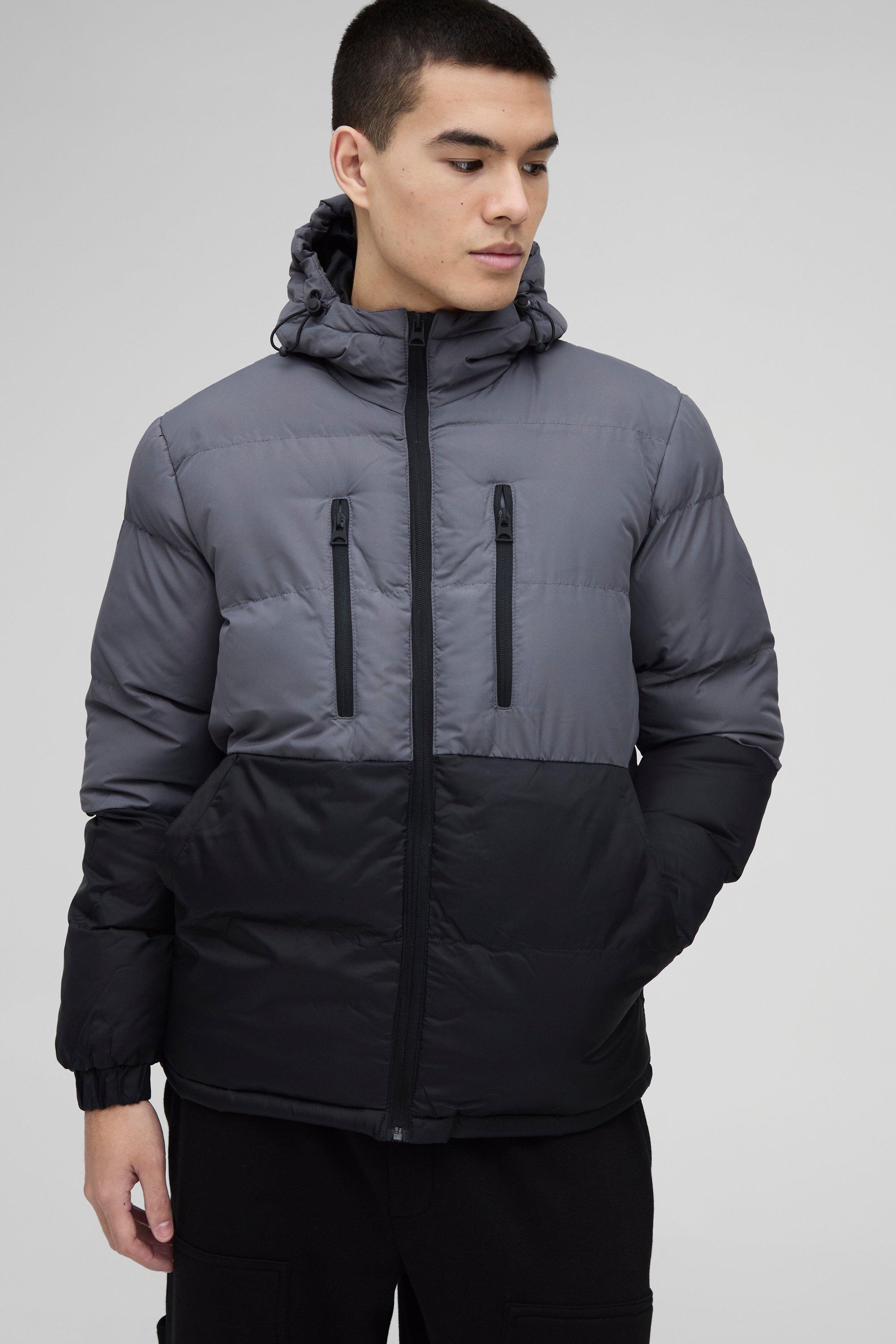 Mens Grey Colour Block Hooded Puffer in Charcoal, Grey