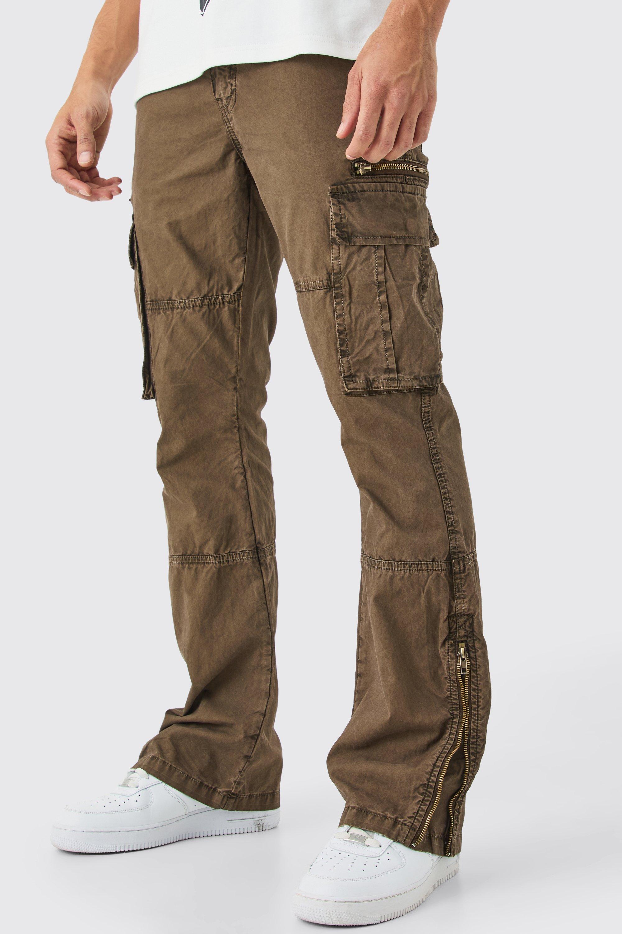 Mens Brown Slim Flare Zip Gusset Overdye Acid Wash Cargo Trouser, Brown