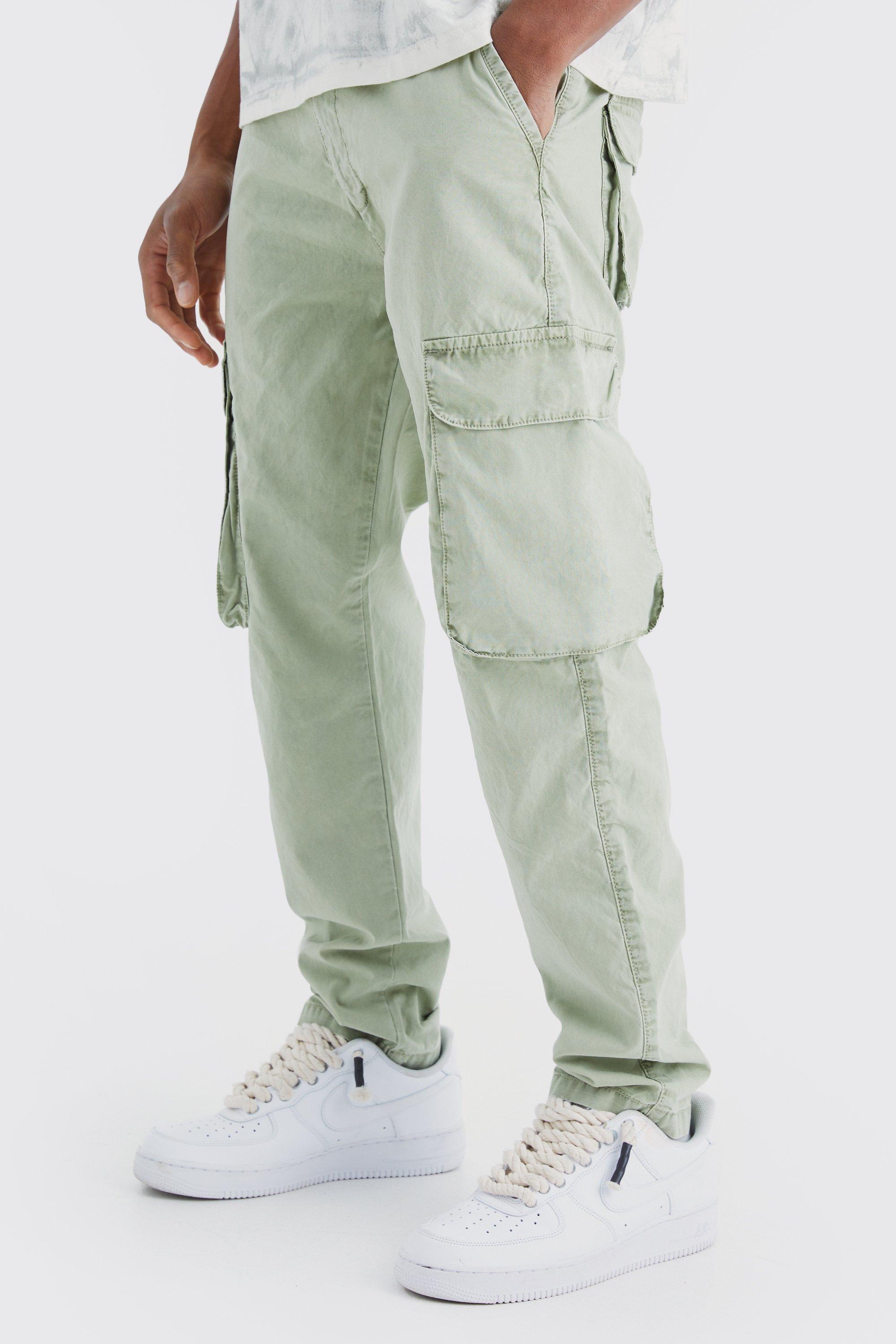 Mens Green Slim Fit Overdye Acid Wash Cargo Trouser, Green