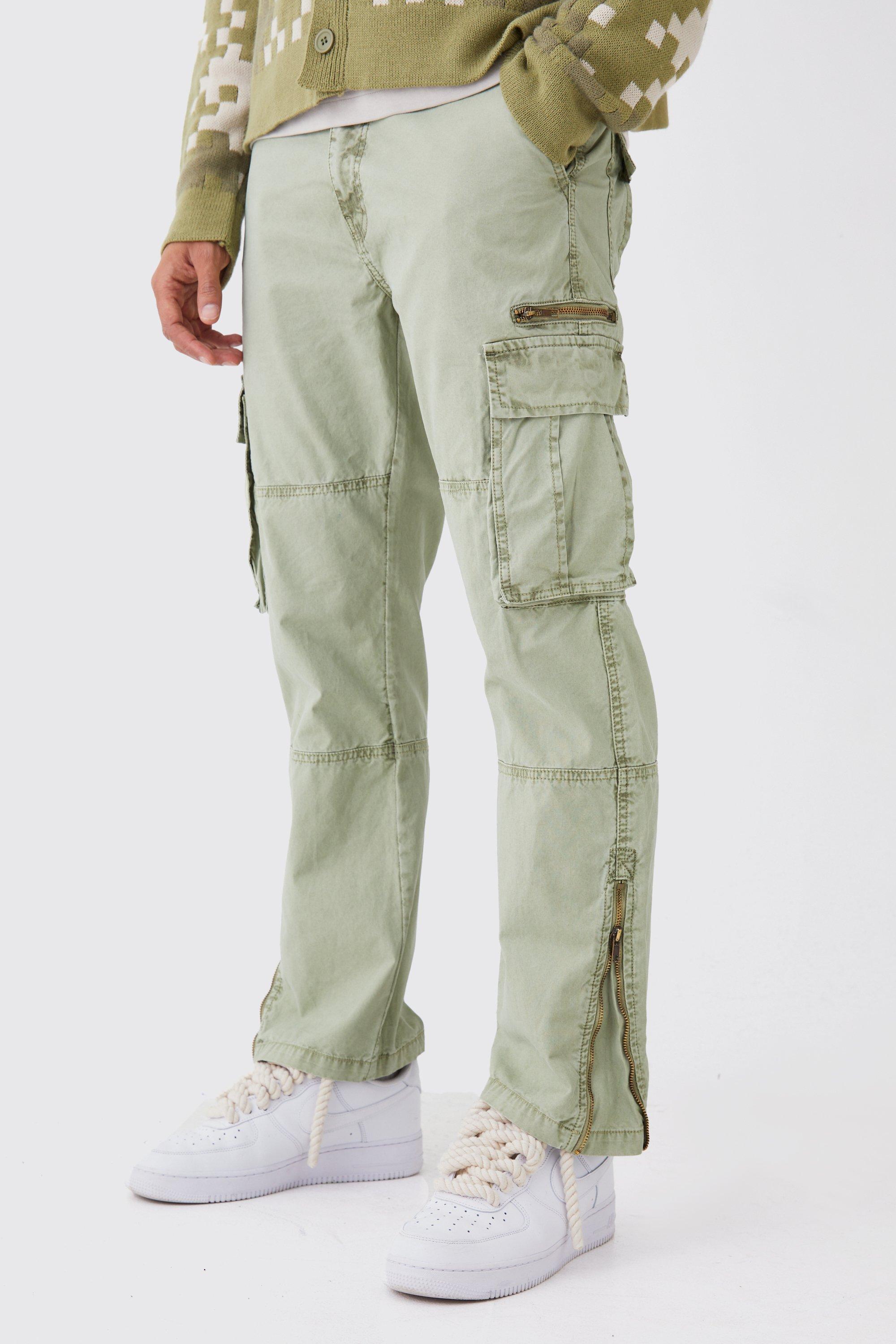 Mens Green Straight Leg Overdye Acid Wash Multi Zip Cargo Trouser, Green