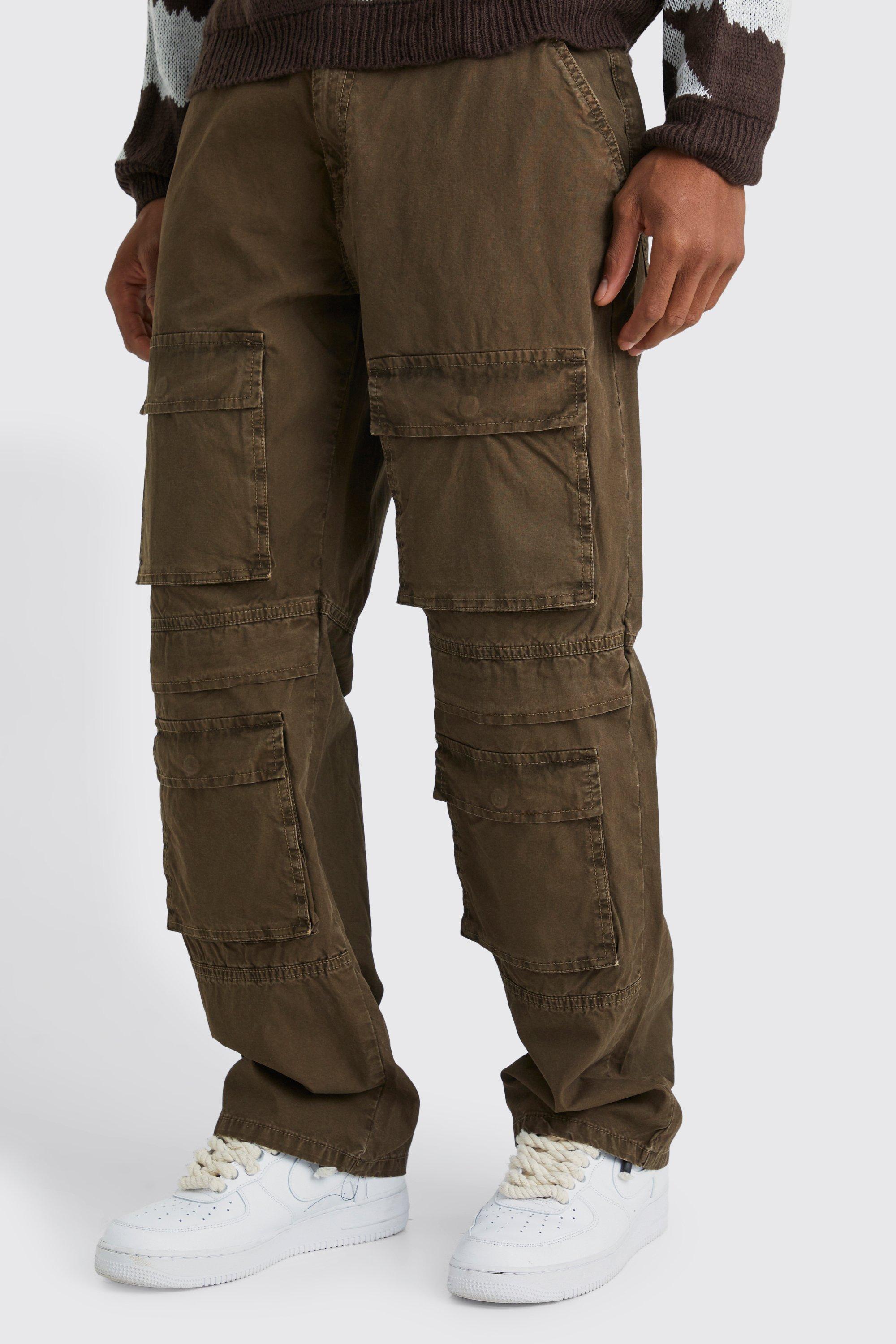 Mens Brown Relaxed Overdye Acid Wash Multi Cargo Trouser, Brown