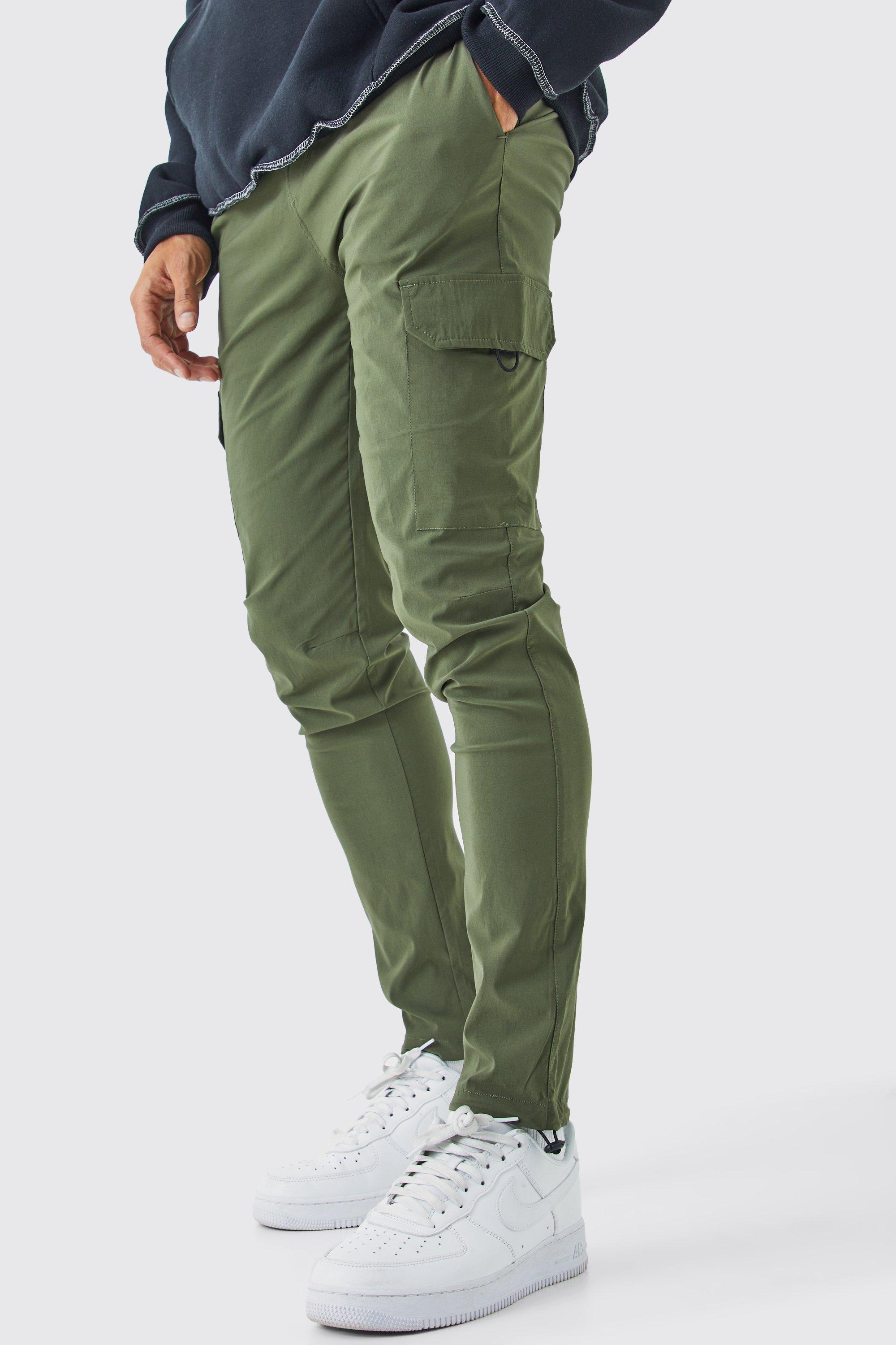 Mens Green Elasticated Waist Technical Stretch Skinny Cargo Trouser, Green