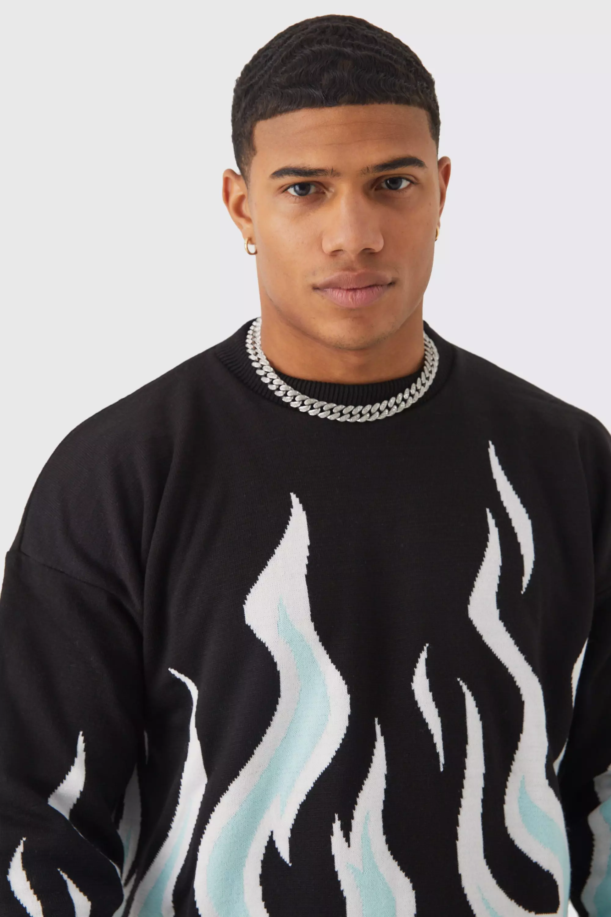 Boxy Flame Knitted Sweater boohooMAN USA