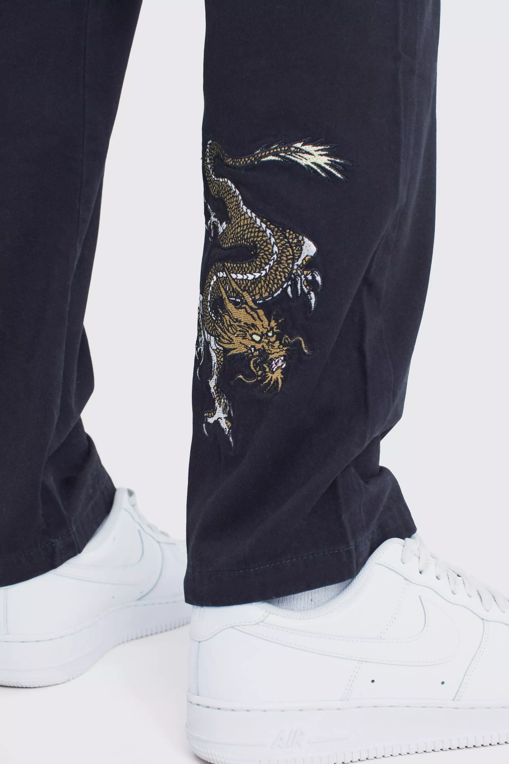 Dragon Embroidered Wide Leg Cargo Pants