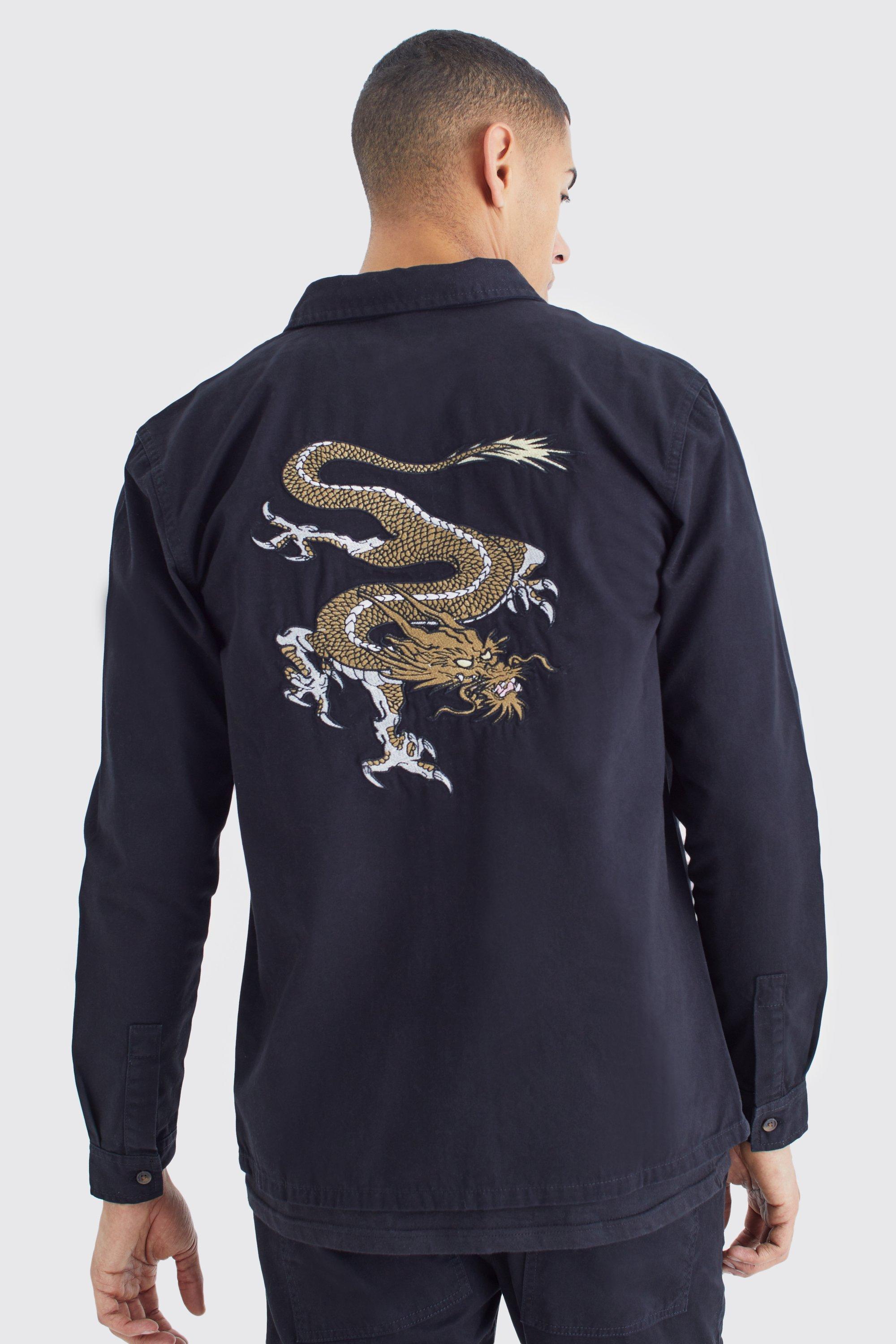 Mens Black Twill Longsleeve Dragon Embroidered Overshirt, Black