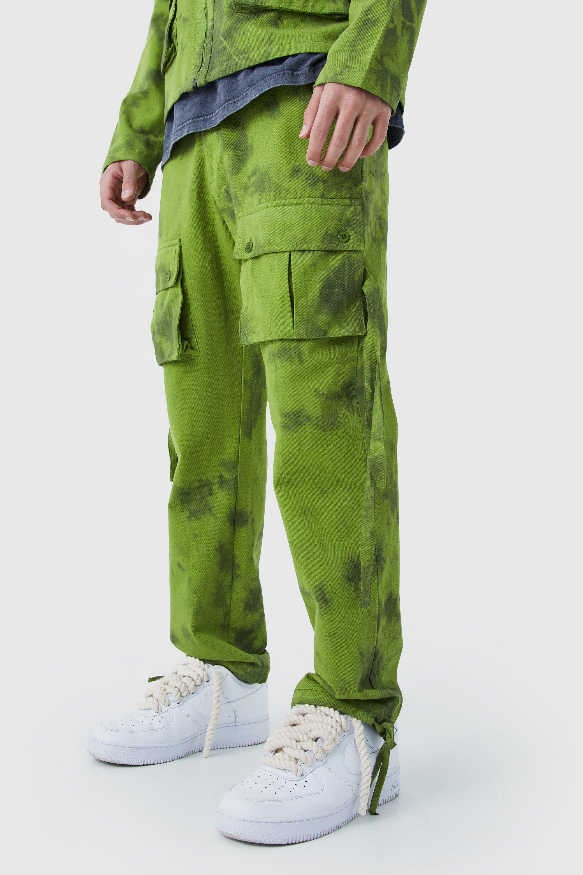 Mens Green Twill Tie Dye Fixed Waist Straight Leg Cargo Trouser, Green
