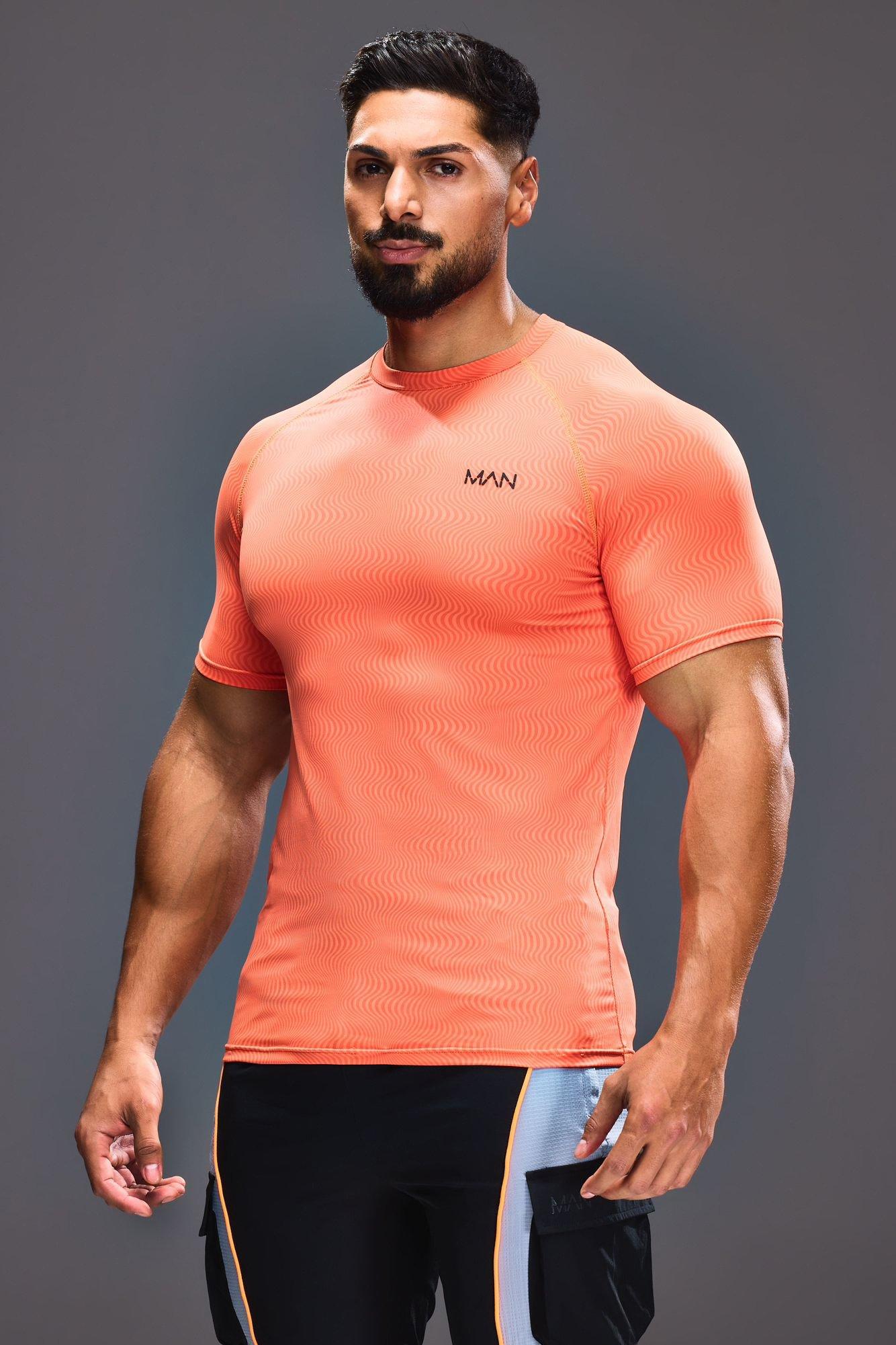 Mens Orange Man Active Muscle Fit Geo Print T-shirt, Orange