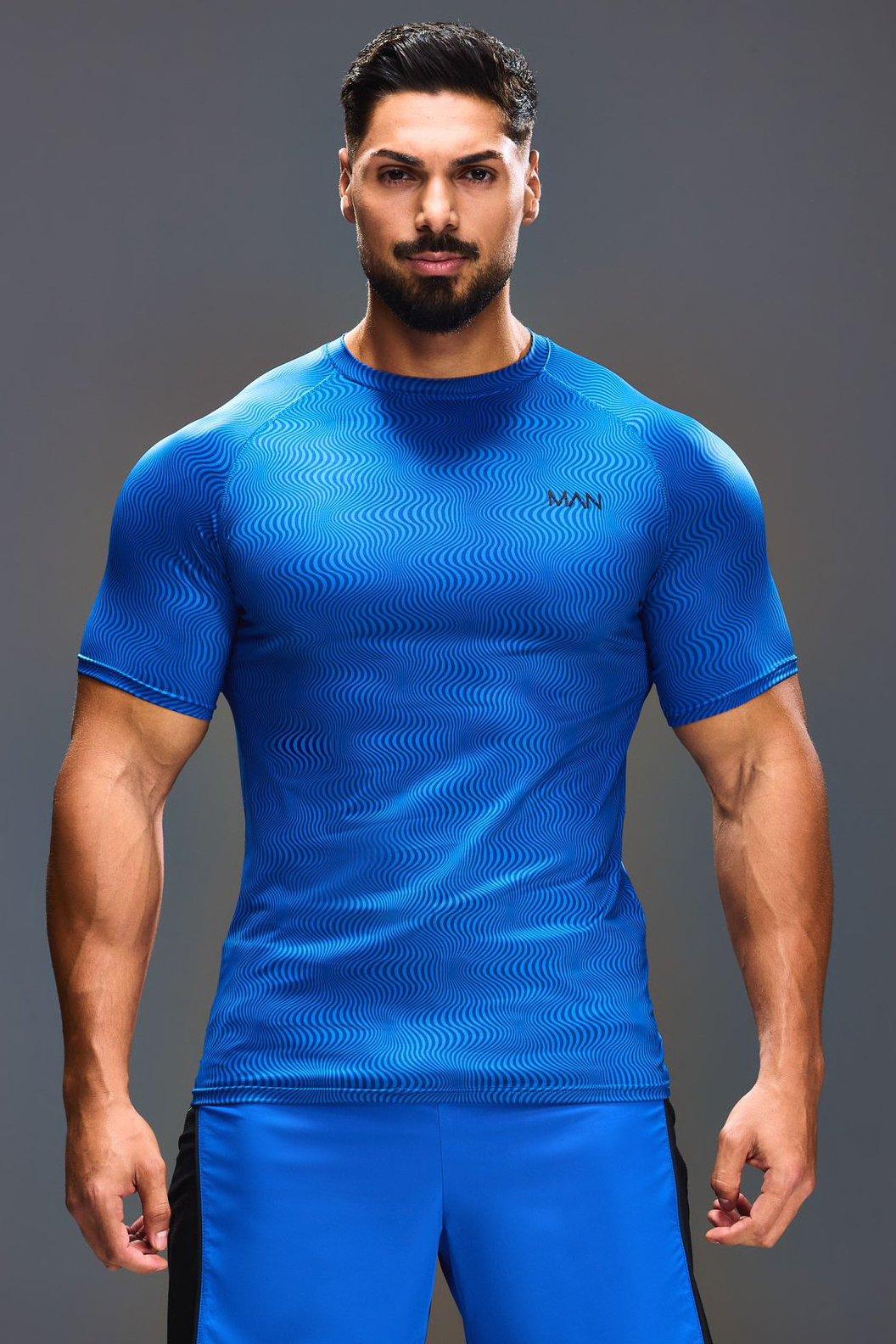 Mens Blue Man Active Muscle Fit Geo Print T-shirt, Blue
