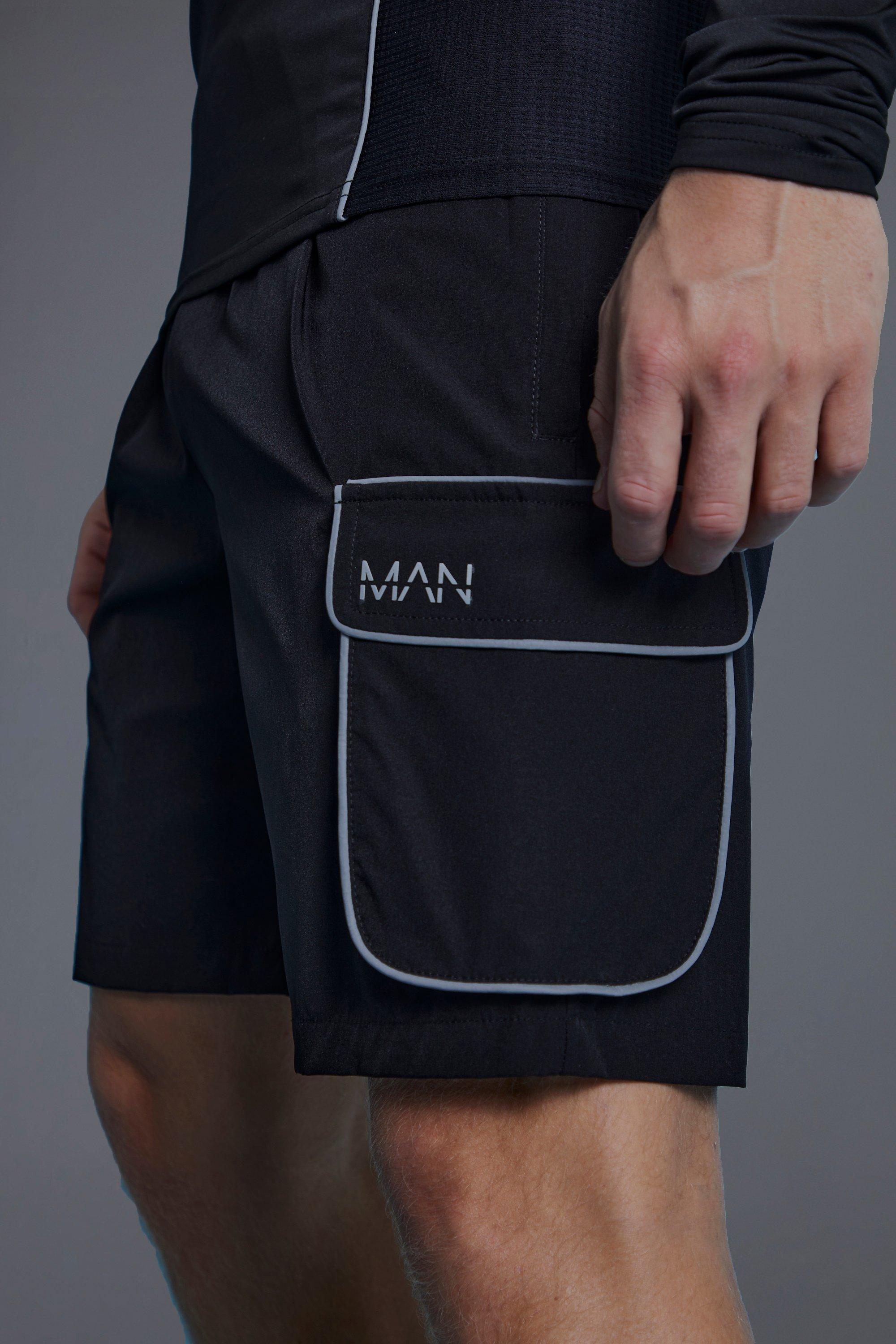 Mens Black Man Active Reflective Piping Cargo Short, Black