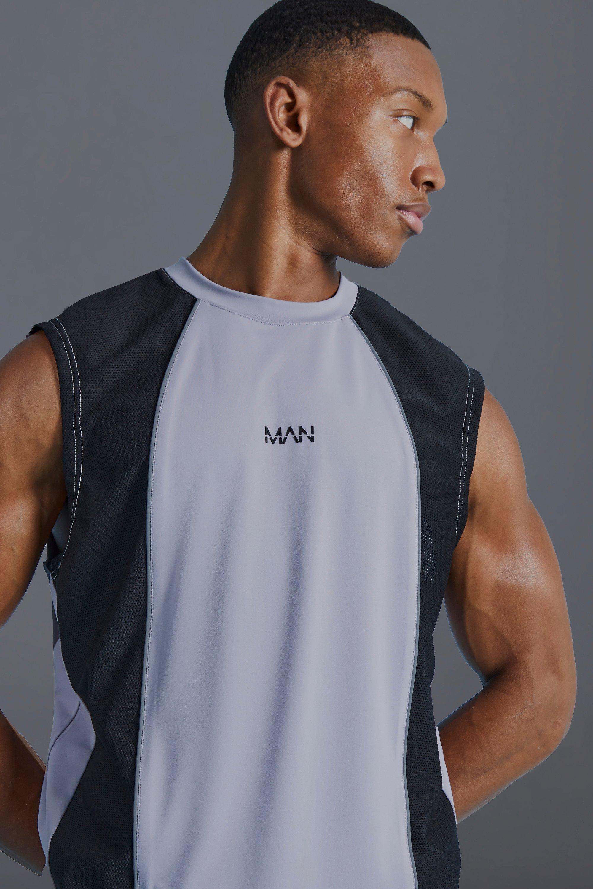 Mens Grey Man Active Muscle Fit Colour Block Vest, Grey