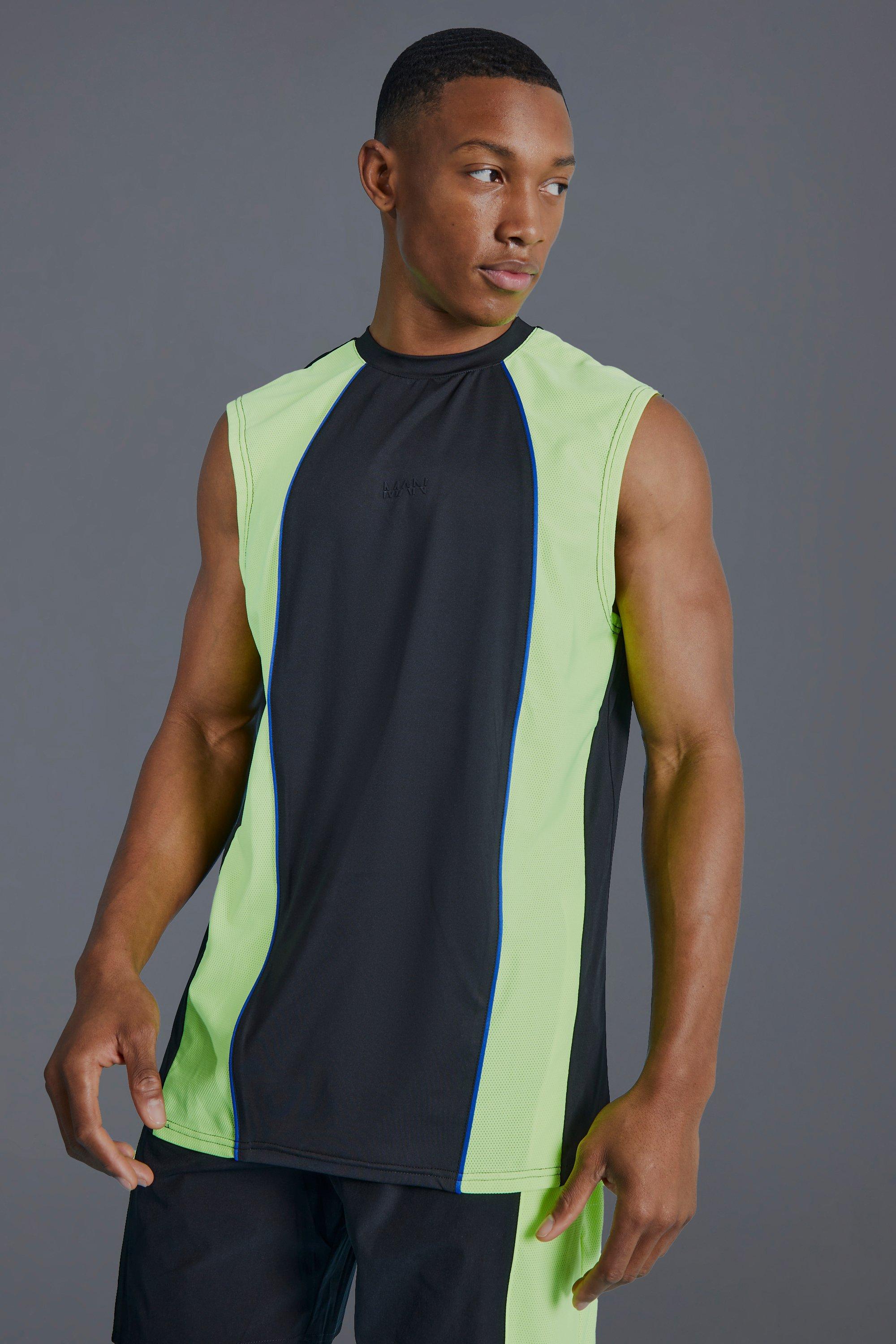 Mens Black Man Active Muscle Fit Colour Block Vest, Black