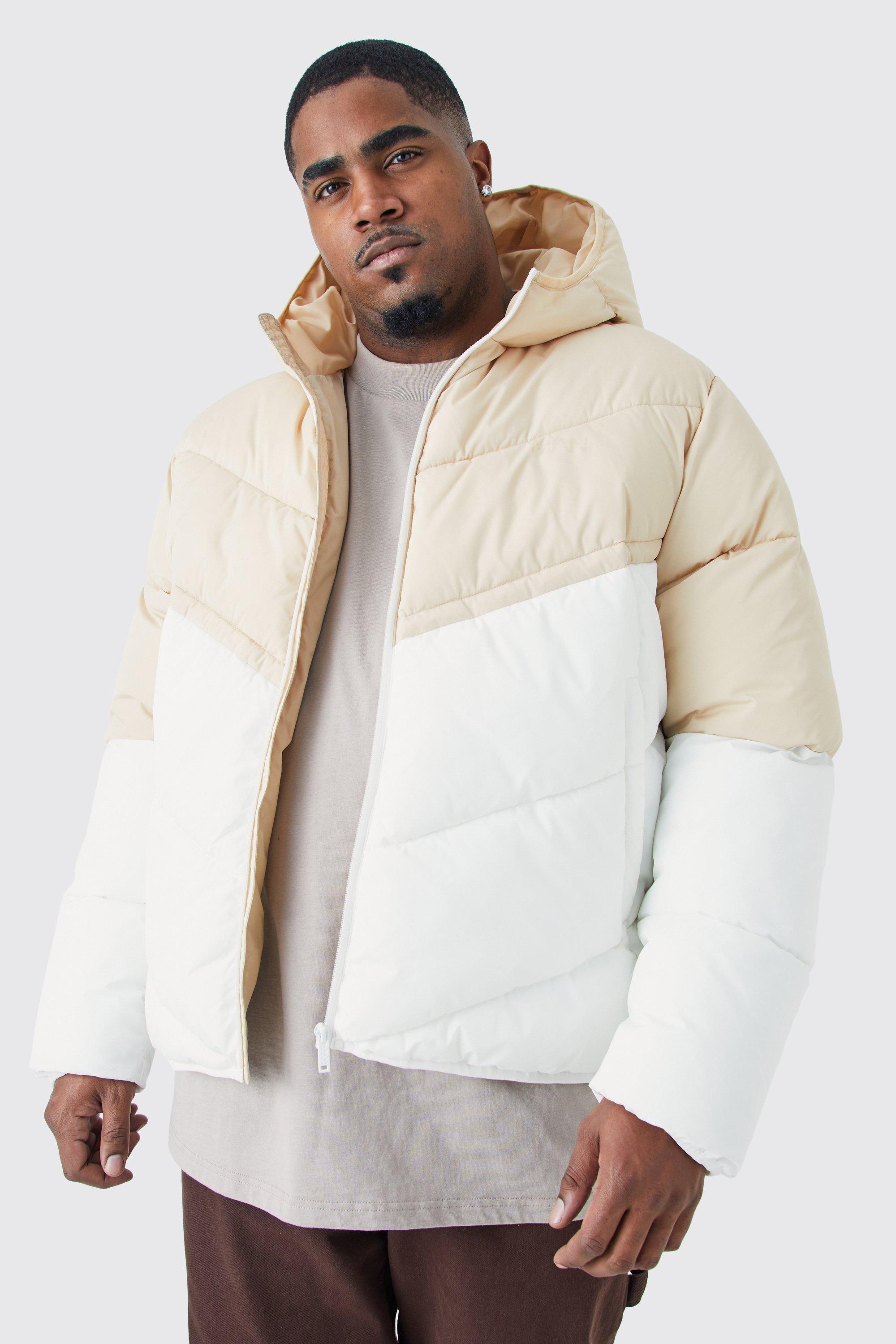 Mens Stone Plus Man Colour Block Quilted Puffer With Hood