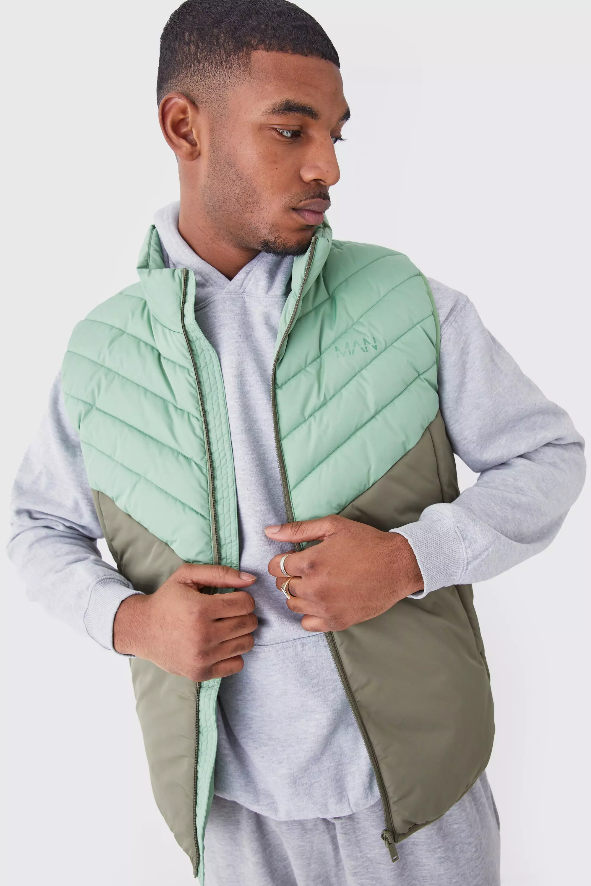 Tall Man Colour Block Quilted Funnel Neck Gilet | boohooMAN USA