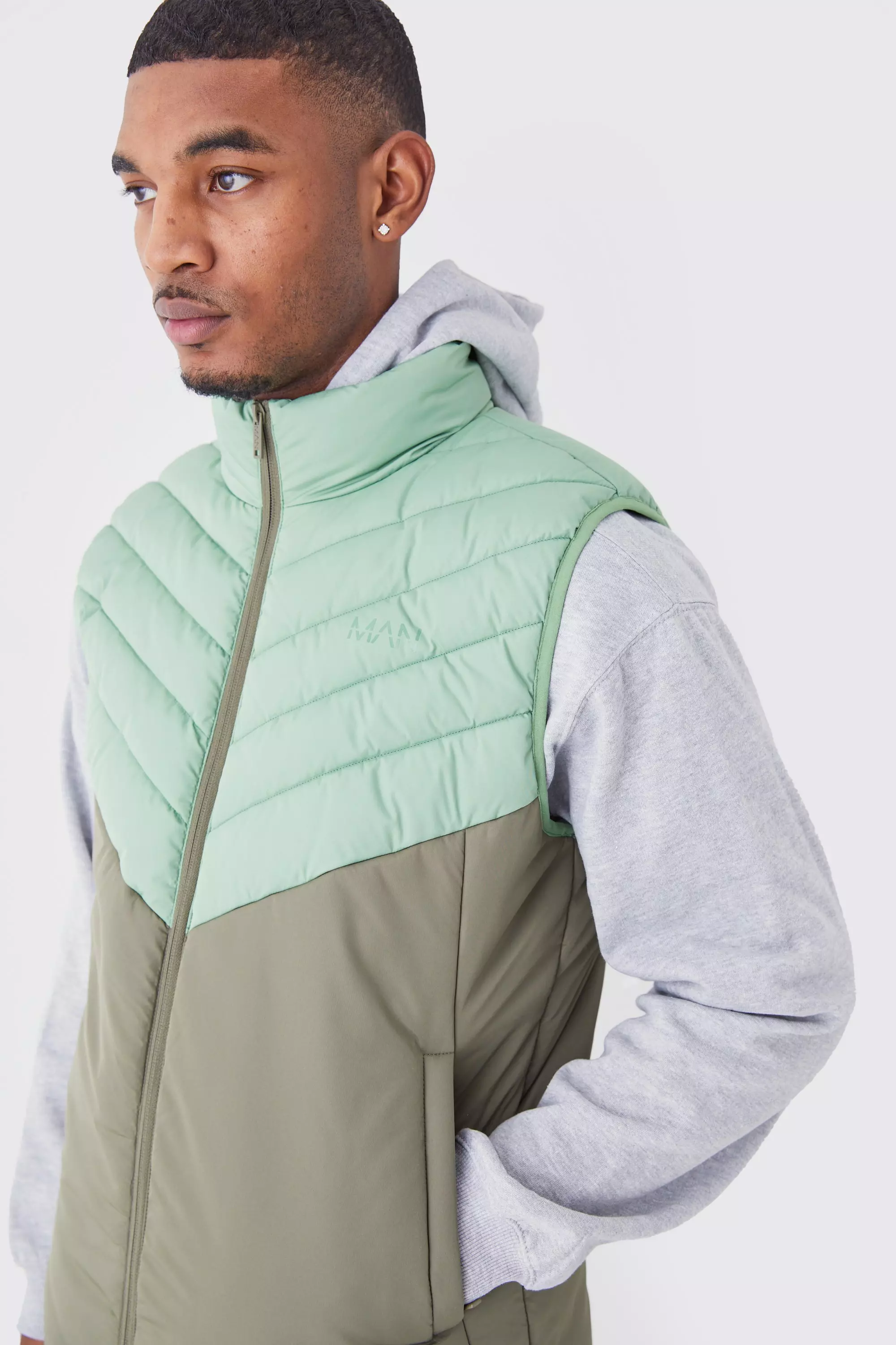 Tall Man Colour Block Quilted Funnel Neck Gilet | boohooMAN USA