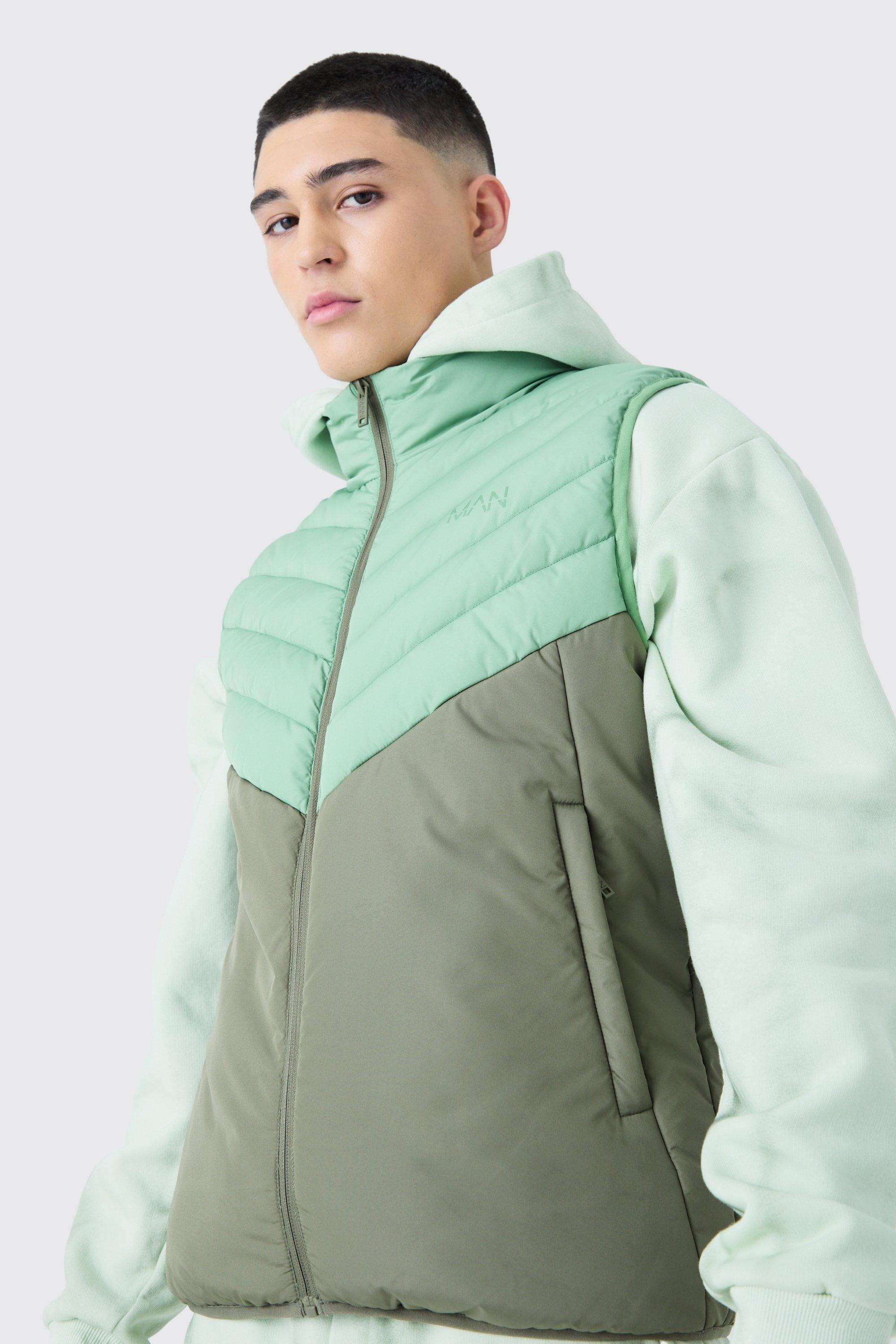 Mens Green Man Colour Block Quilted Funnel Neck Gilet, Green