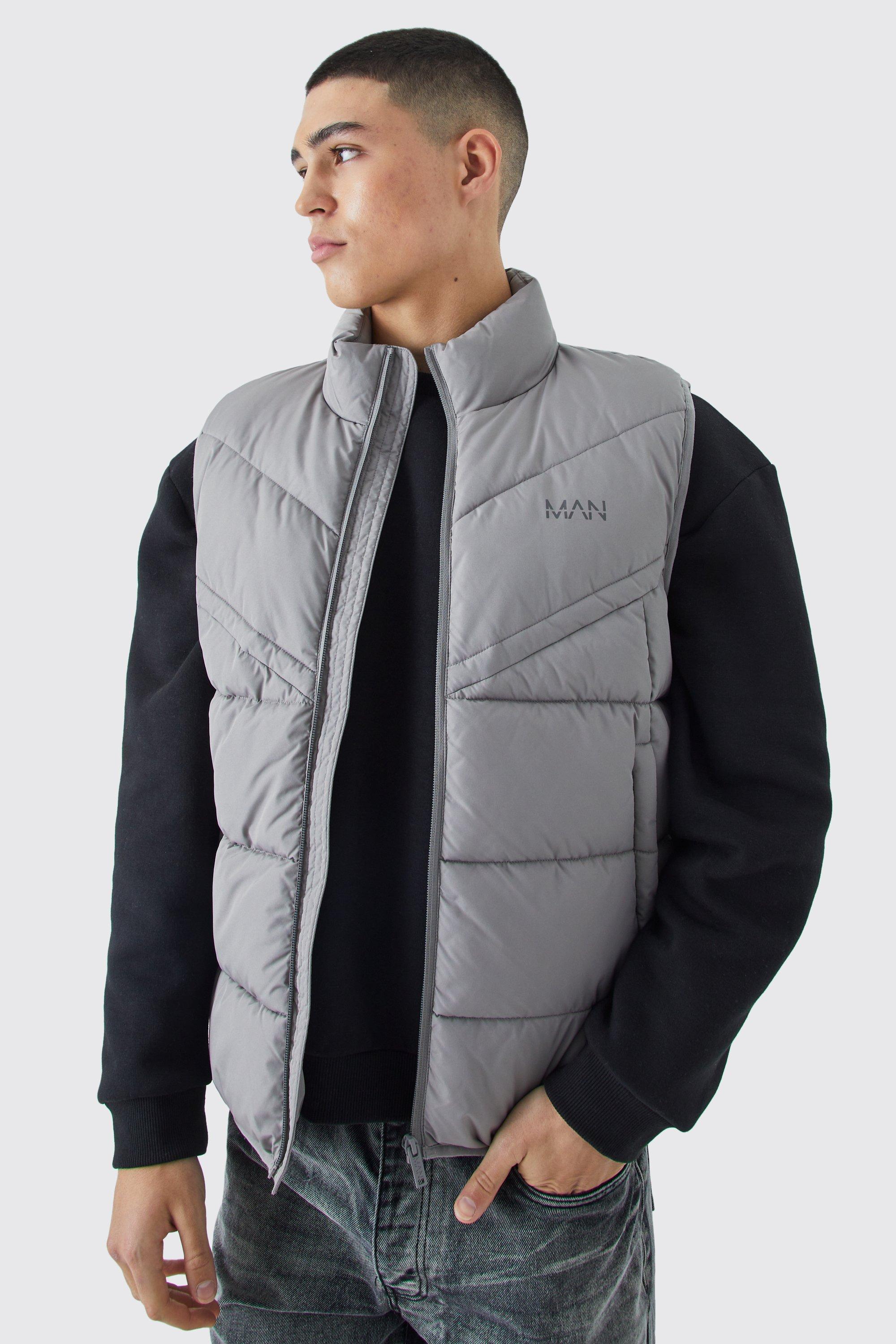 Mens Grey Man Dash Quilted Funnel Neck Gilet, Grey