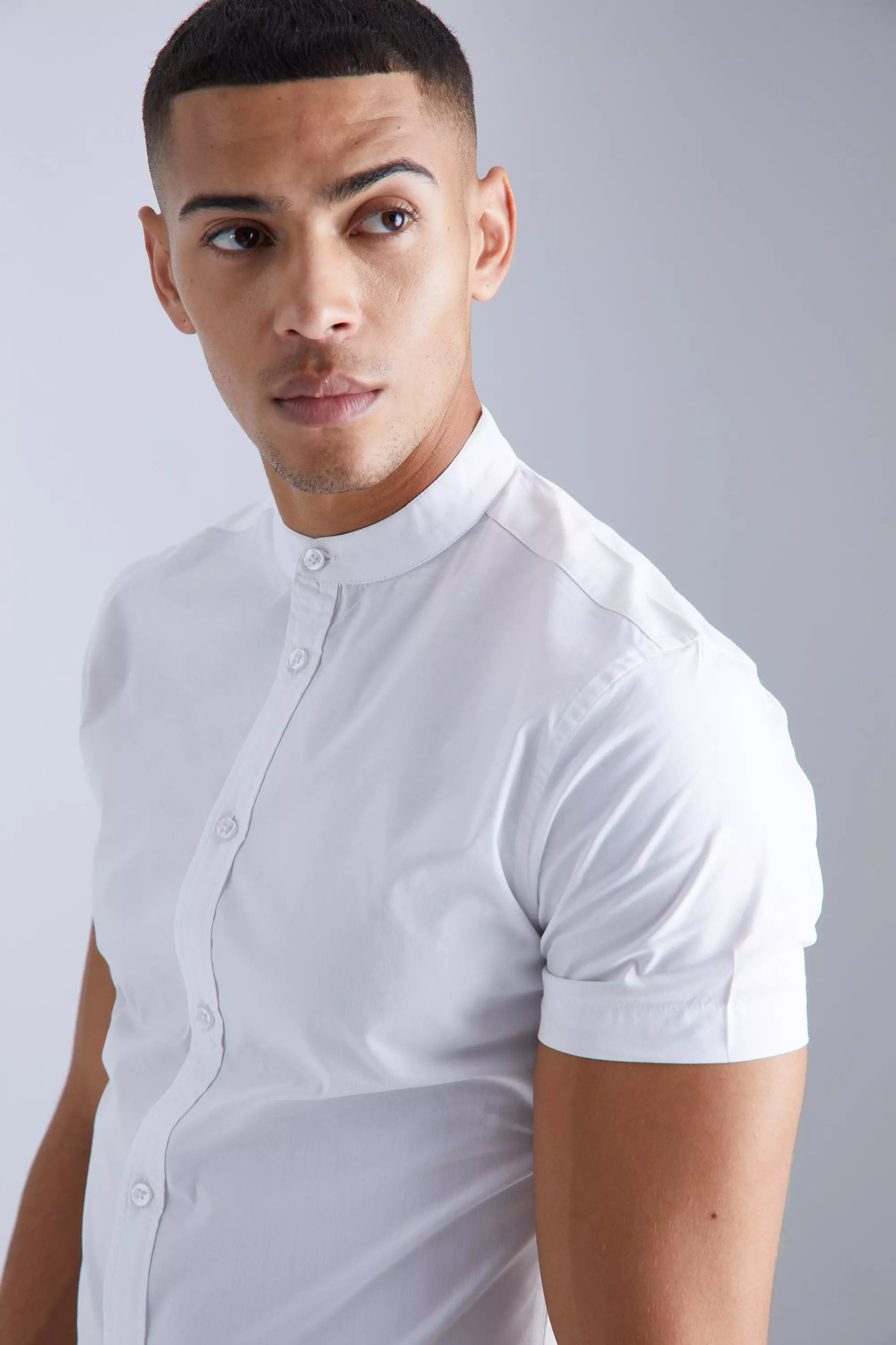 White short sleeve on sale grandad collar shirt