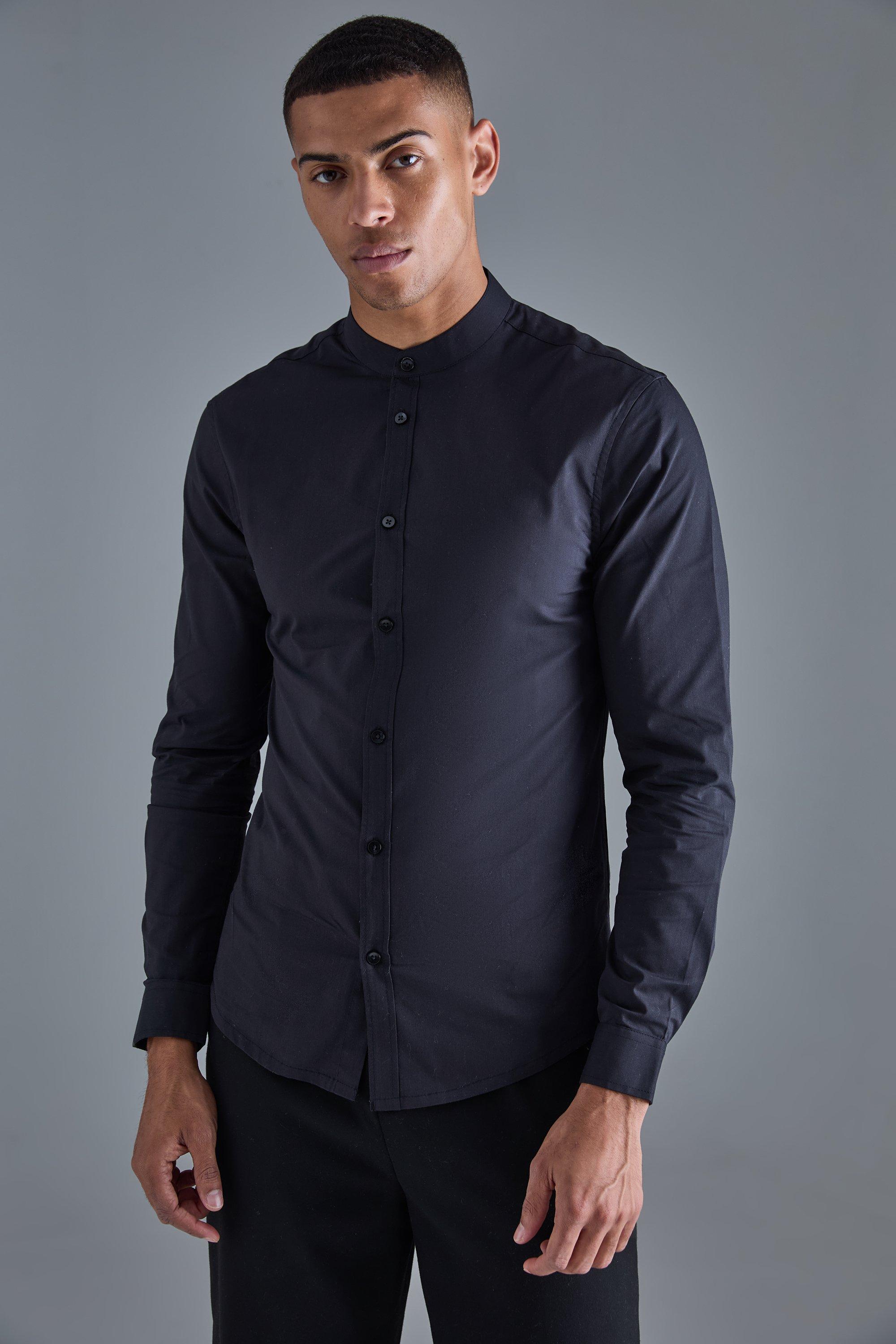 Mens Black Long Sleeve Grandad Collar Slim Shirt, Black