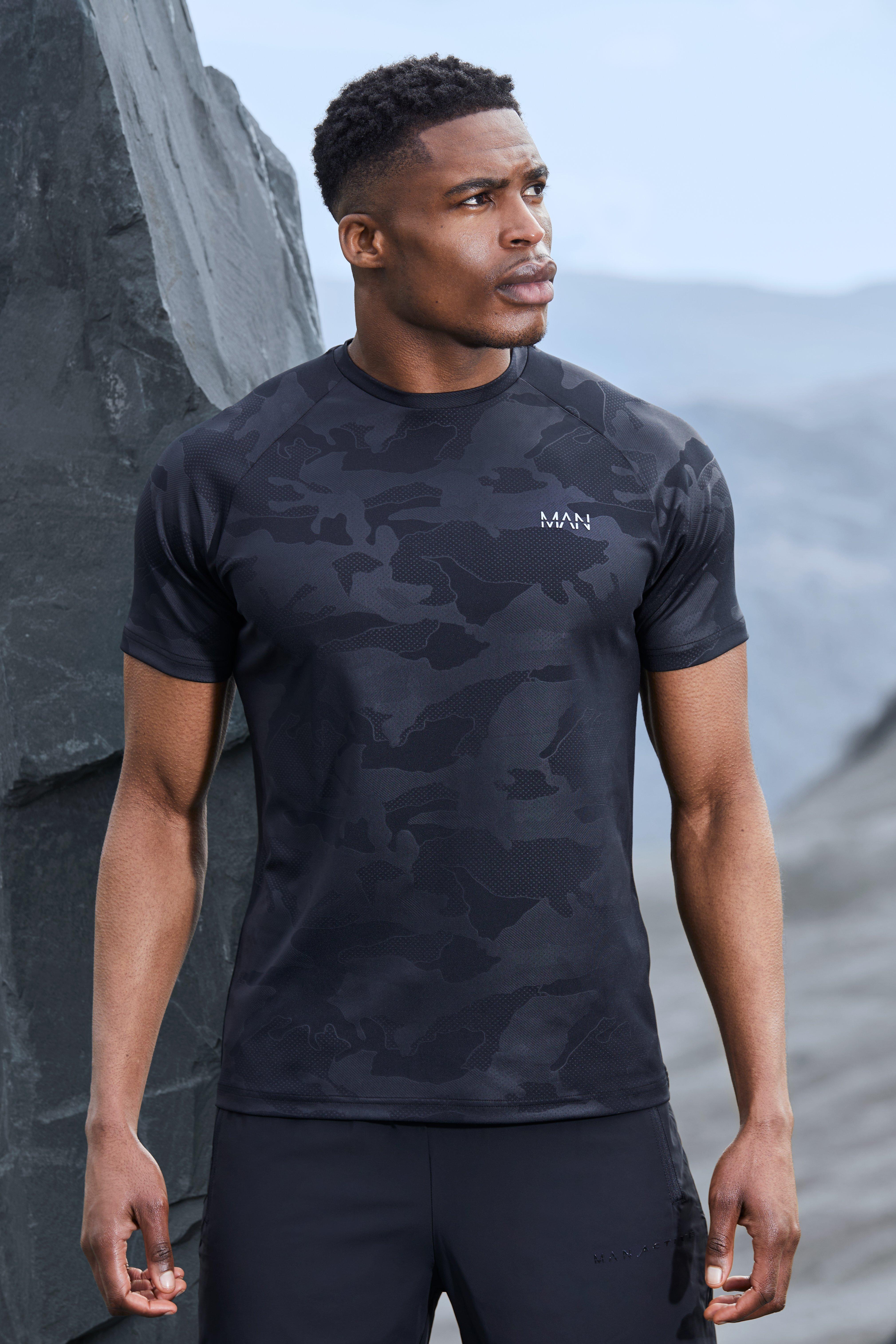 Mens Black Man Active Camo Raglan Performance Muscle Fit T-shirt, Black