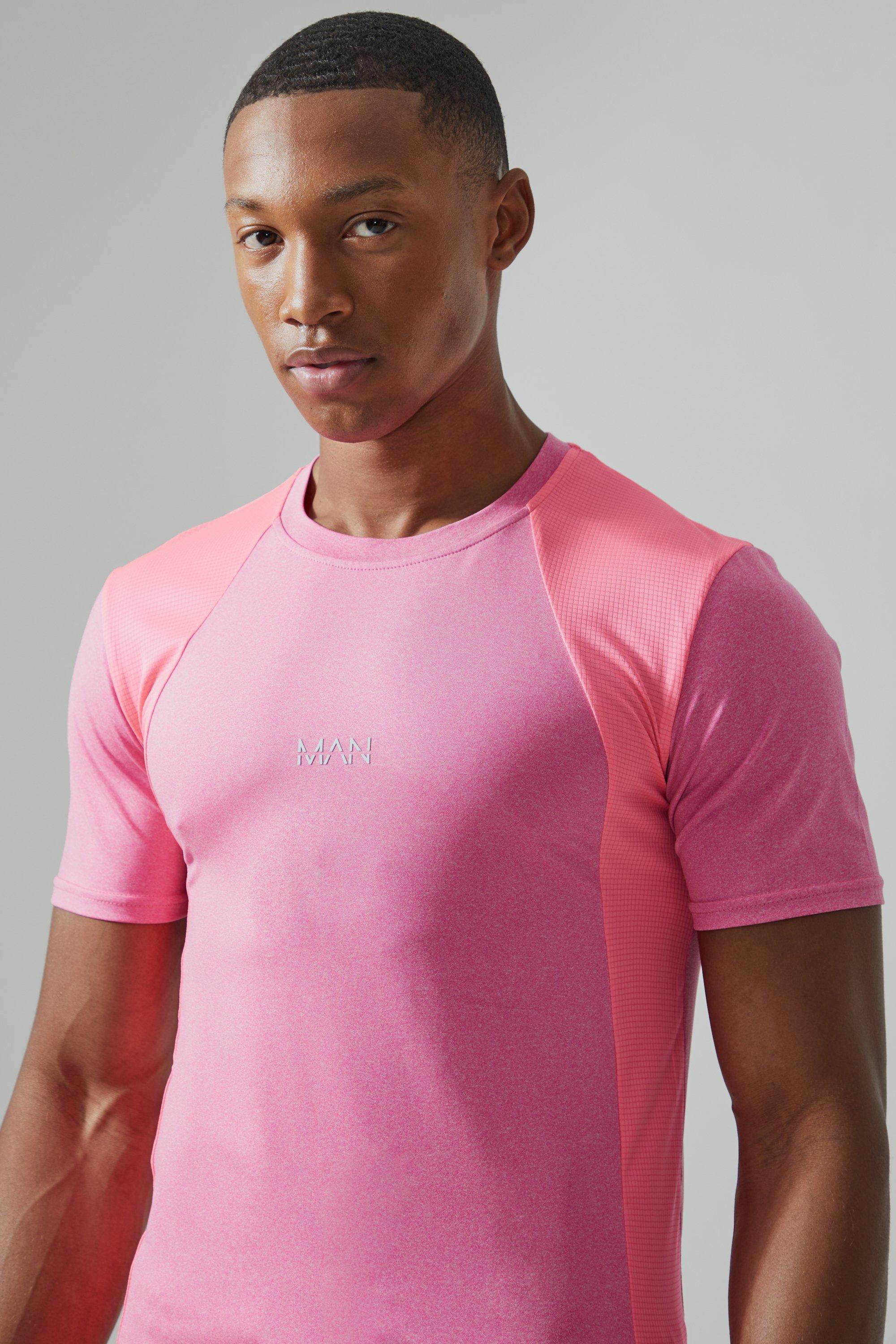 Mens Pink Man Active Mesh Muscle Fit Colour Block T-shirt, Pink