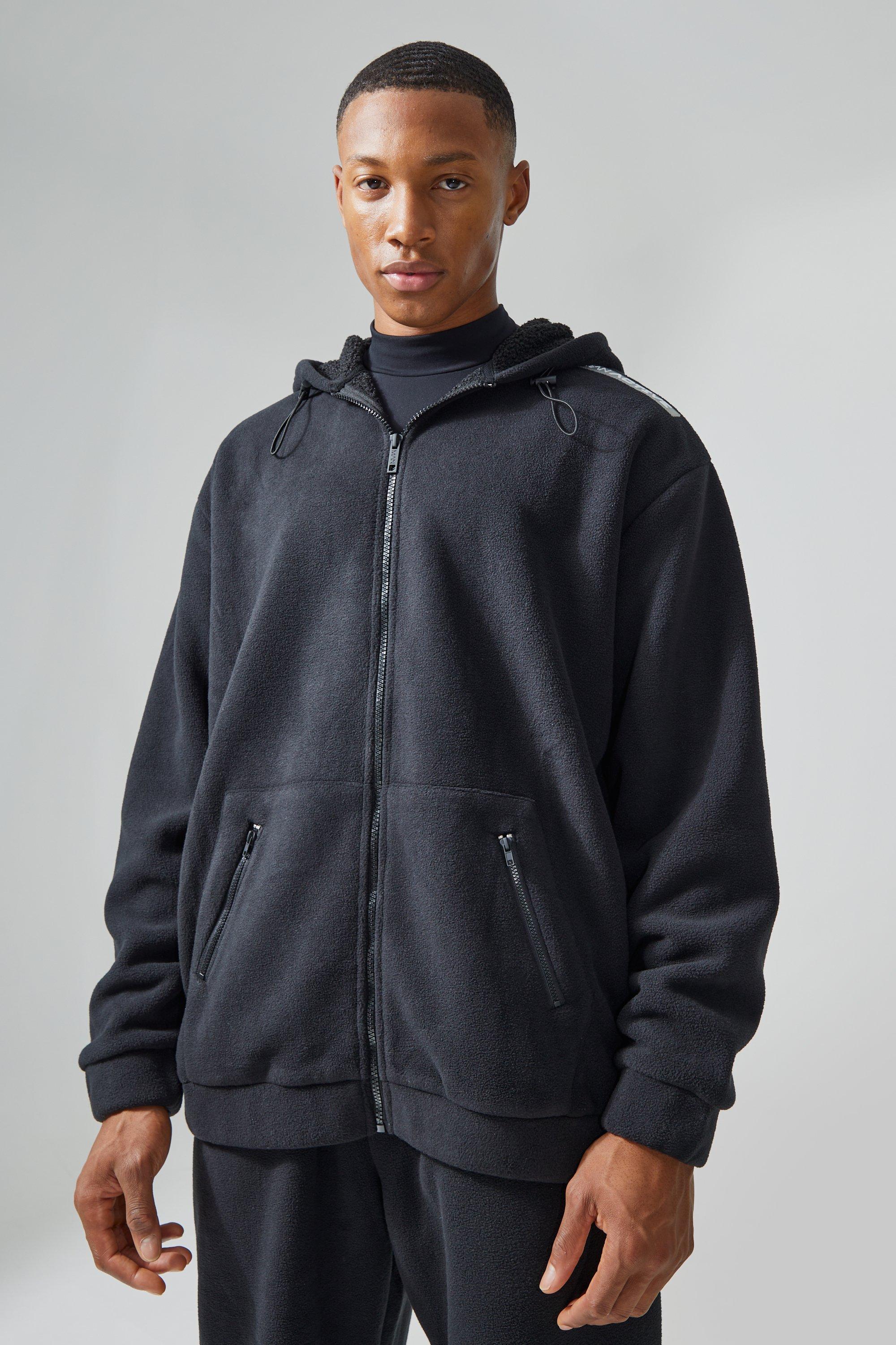 Mens Black Oversized Heavyweight Fleece Lined Zip Hoodie, Black